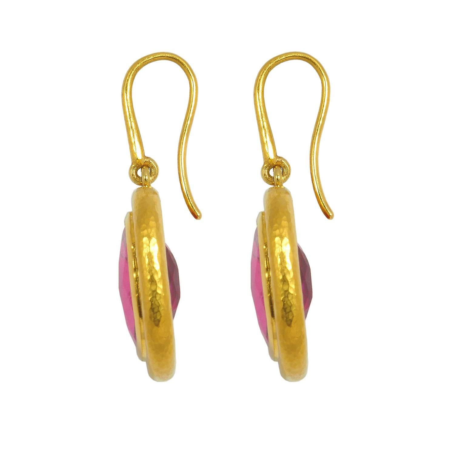 These stunning pink rubellites 14.7 ct are set in 22k hammered yellow gold. Ready to wear drop earrings designed by Colleen B. Rosenblat.