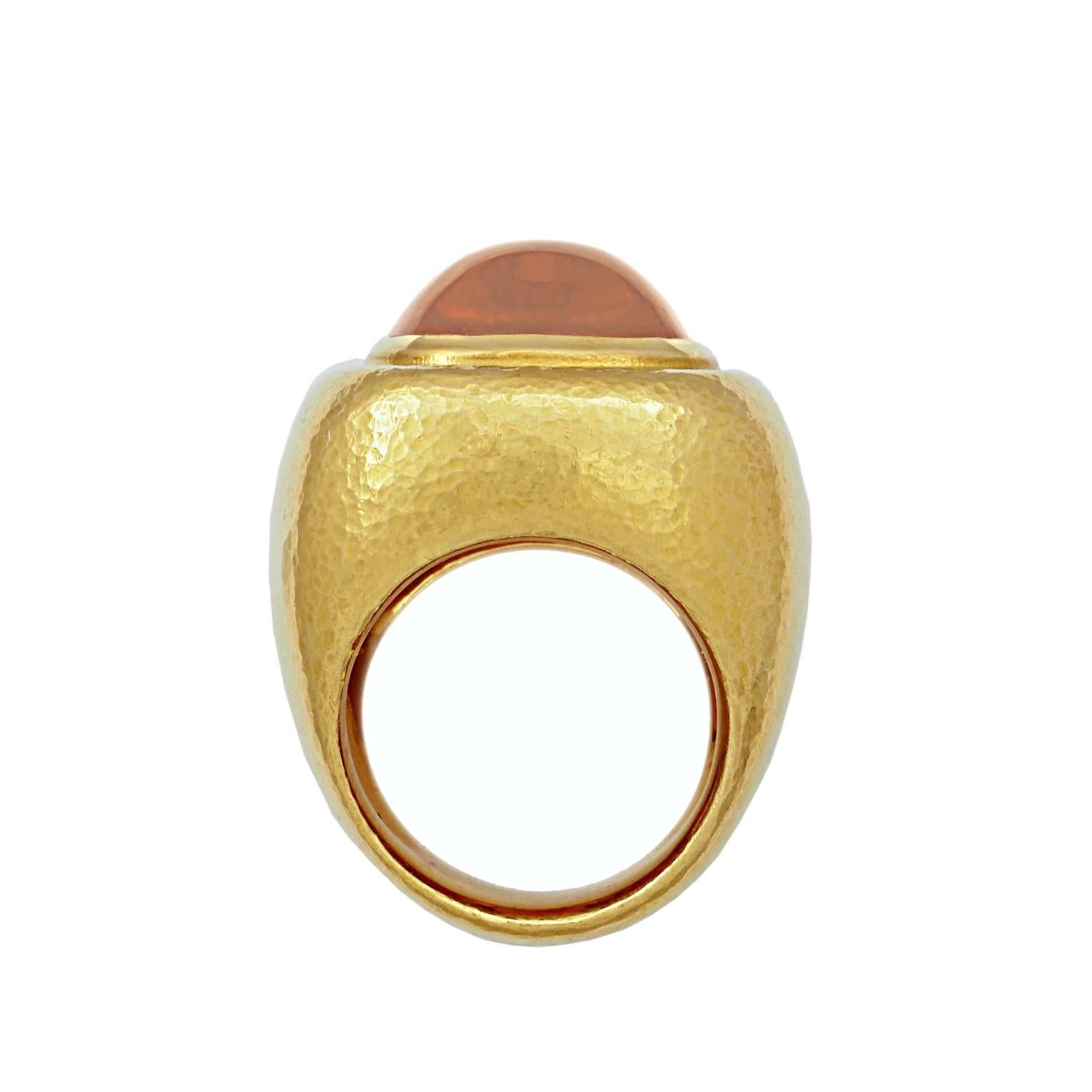 This glorious honey-colored citrine cabochon is set in a bulky 22k hammered yellow gold ring designed by Colleen B. Rosenblat.
Ring size: 57