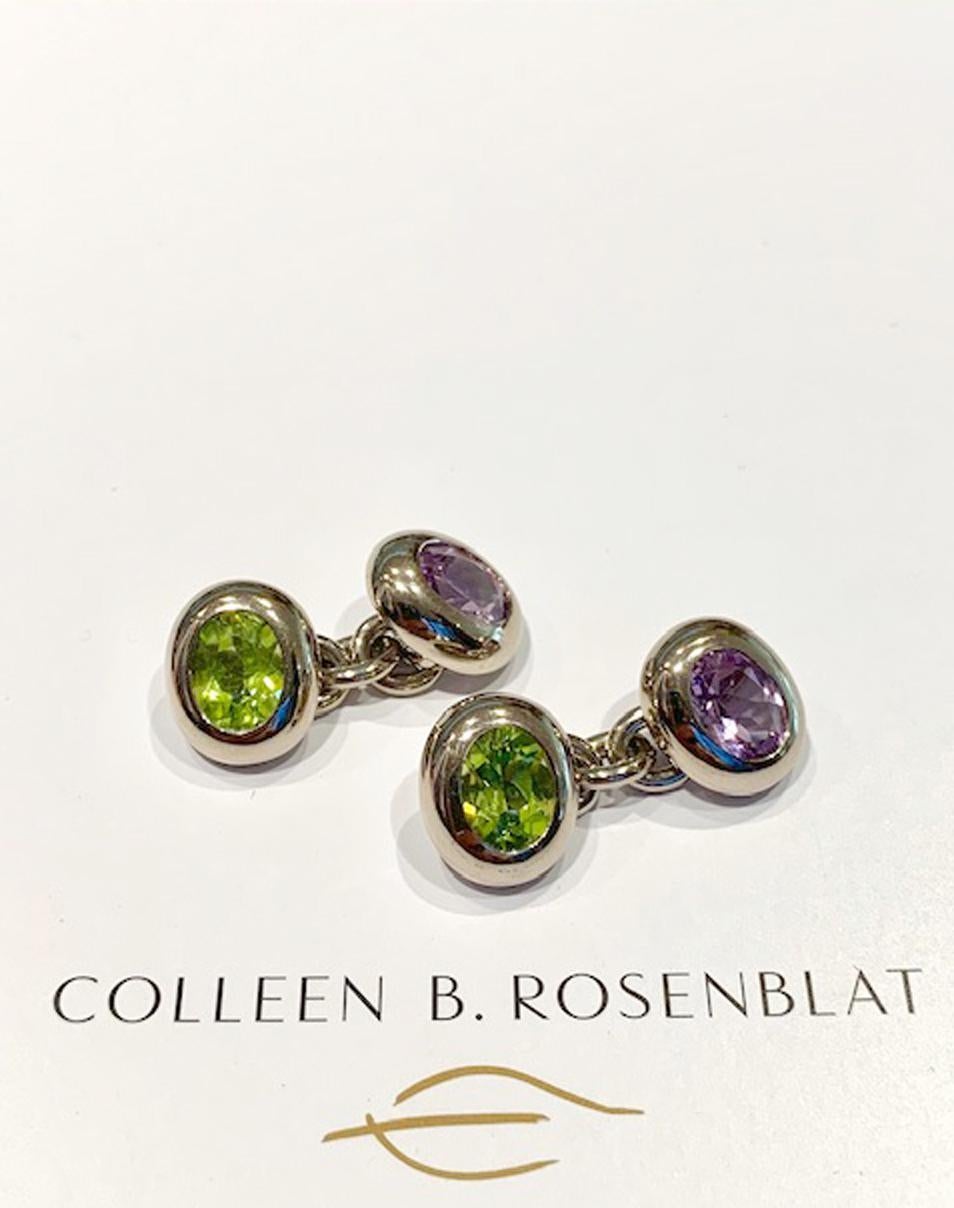 Cufflinks 18 carat white gold with 2 peridots 2.62 ct and 2 amethysts 2.09 ct handmade by Colleen B. Rosenblat.