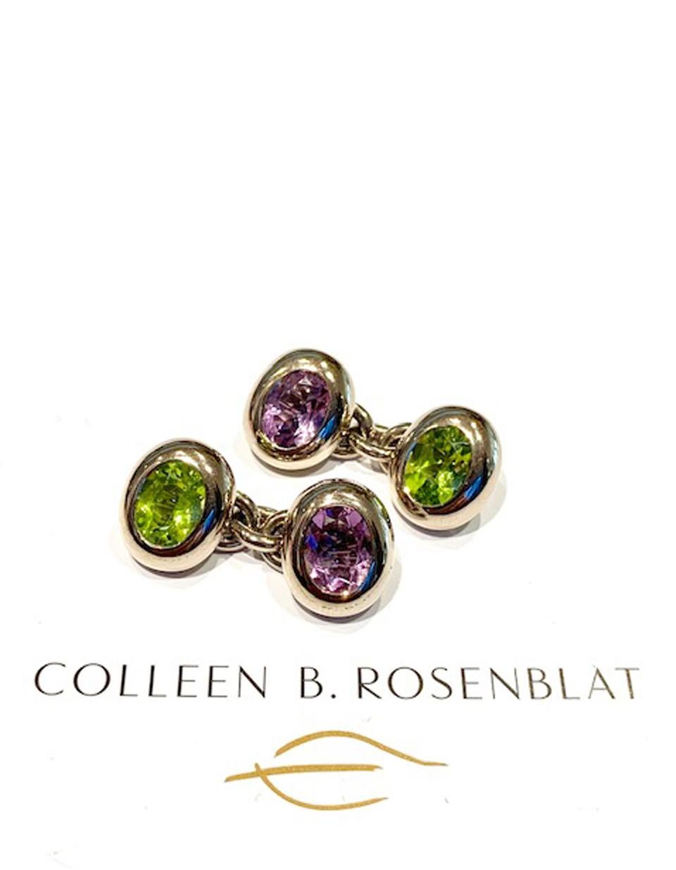Oval Cut Cufflinks 18 Carat White Gold with Peridots and Amethysts