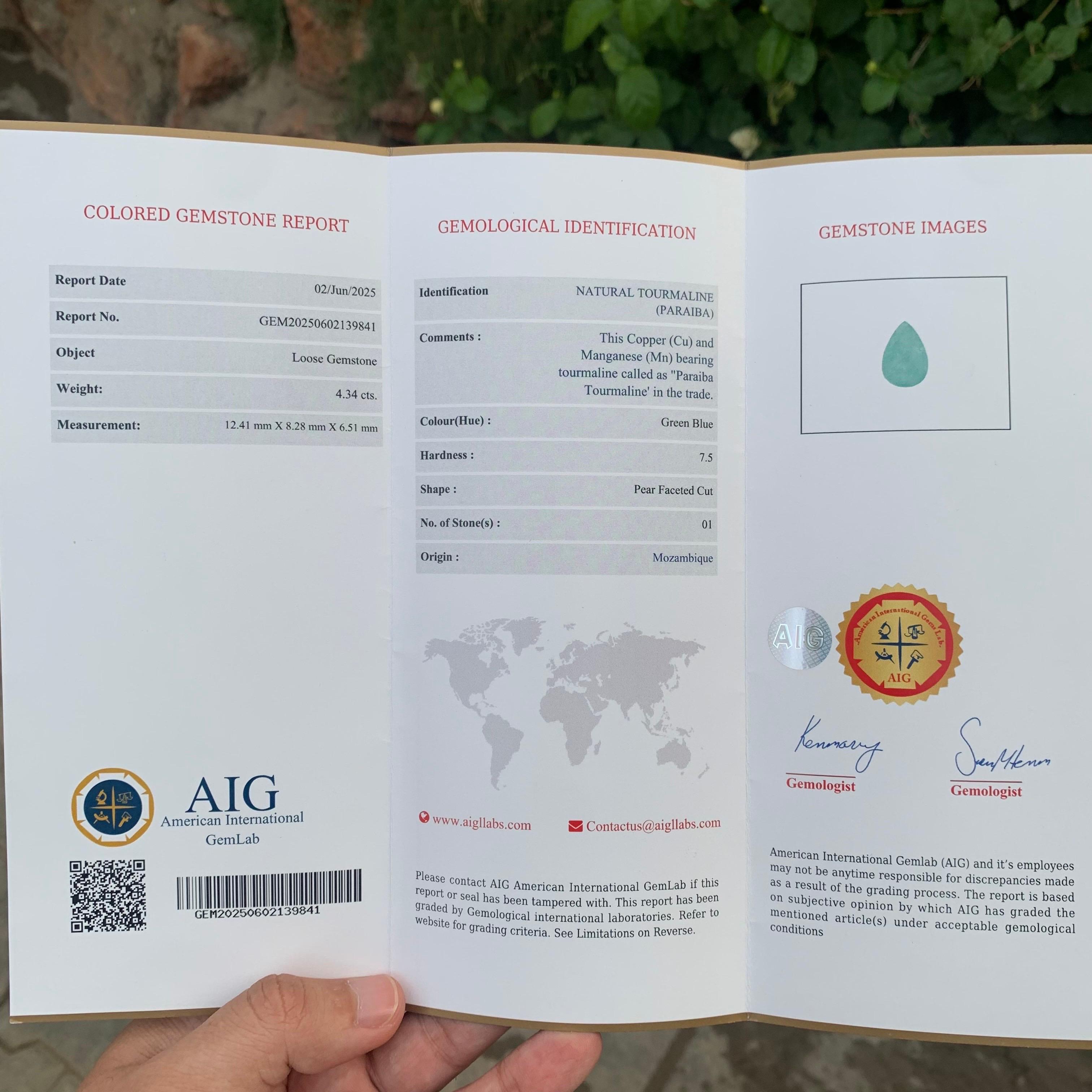 AIG Certified 4.34 Carat Natural Loose Paraiba Tourmaline Pear Shape Gemstone en vente 9