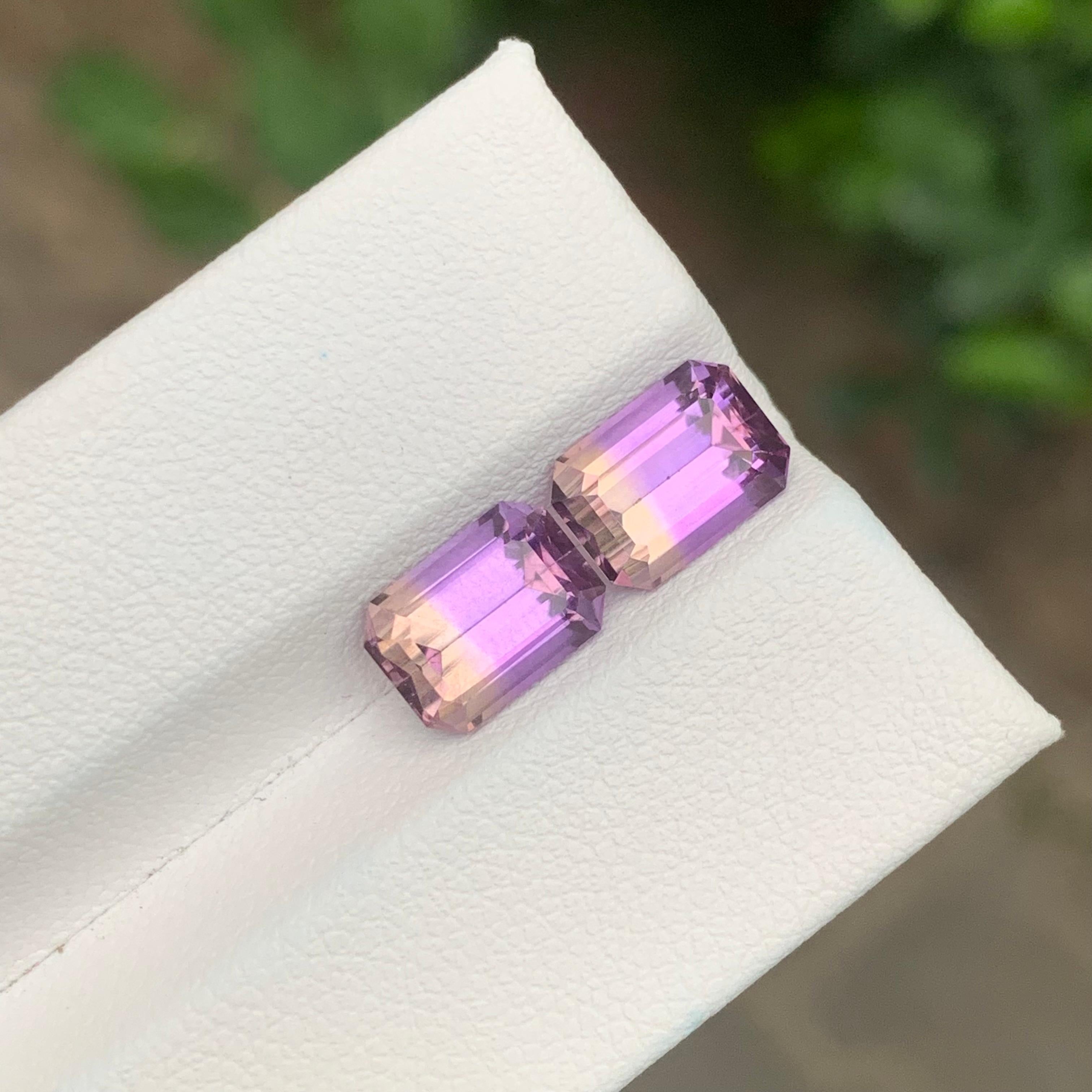 Faceted Ametrine Pair 

Weight: 4.20 Carats
Dimension: 8.7 x 6.2 x 5.2 Mm And 
                    8.8 x 6.3 x 5.0 Mm 
Shape: Emerald
Color: Purple & Yellow
Treatment: Non
Certificate: On Client Demand
.
Ametrine is a unique and striking gemstone