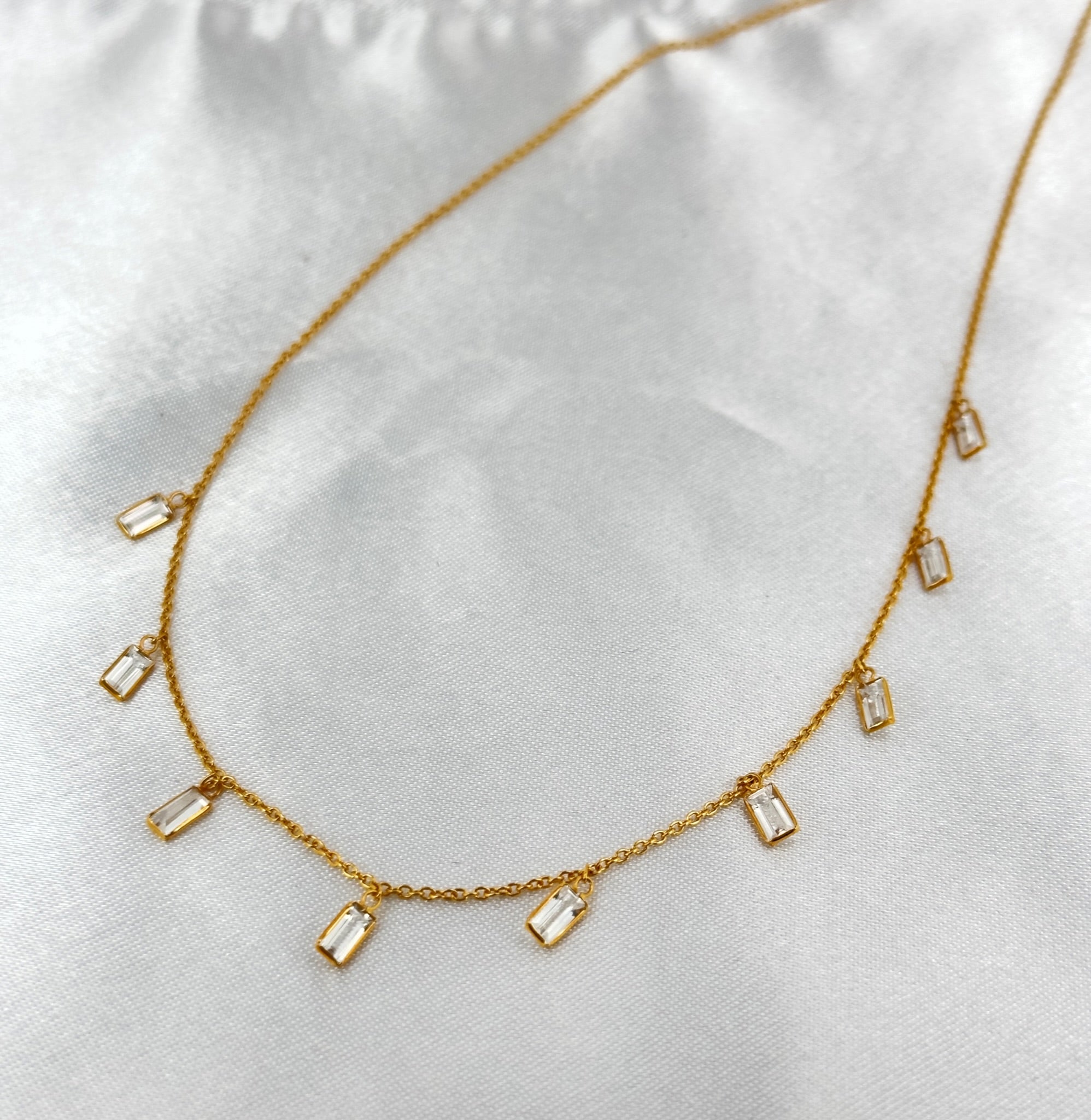 Dangle Gemstone Necklace, White Sapphire Necklace, Bezel Set Dainty Necklace 18k