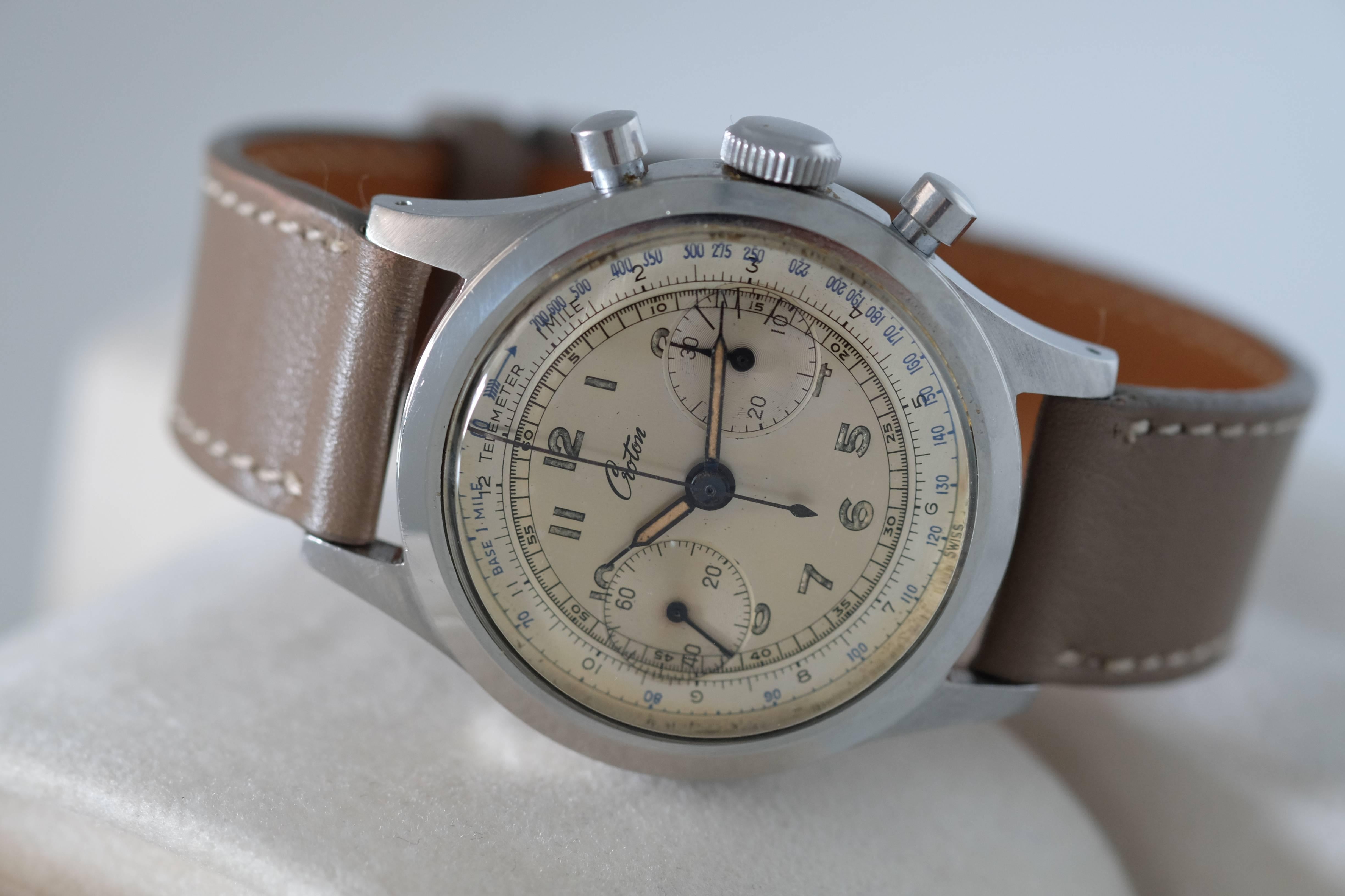 Croton Stainless Steel Chronograph Tachometer Telemeter Scale Wristwatch In Excellent Condition In New York, NY
