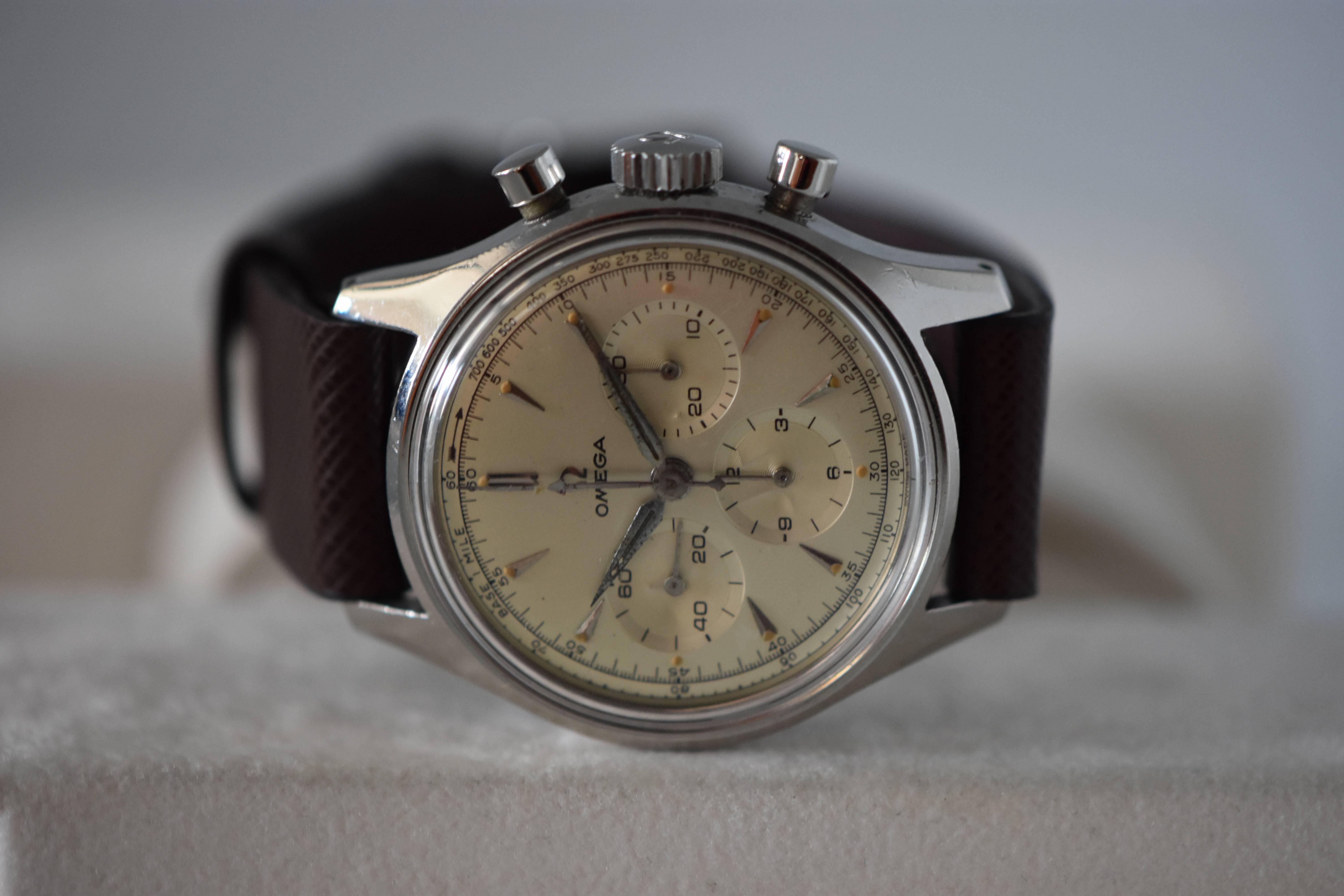 Reference: 2451-7

Circa: 1950s 

Movement: Manual-wind Caliber 321 with column wheel 

Case: 36mm, stainless steel, with screw-down case back; push/pull winding crown at 3 o'clock with Omega symbol; push-down chronograph pushers at 2 o'clock