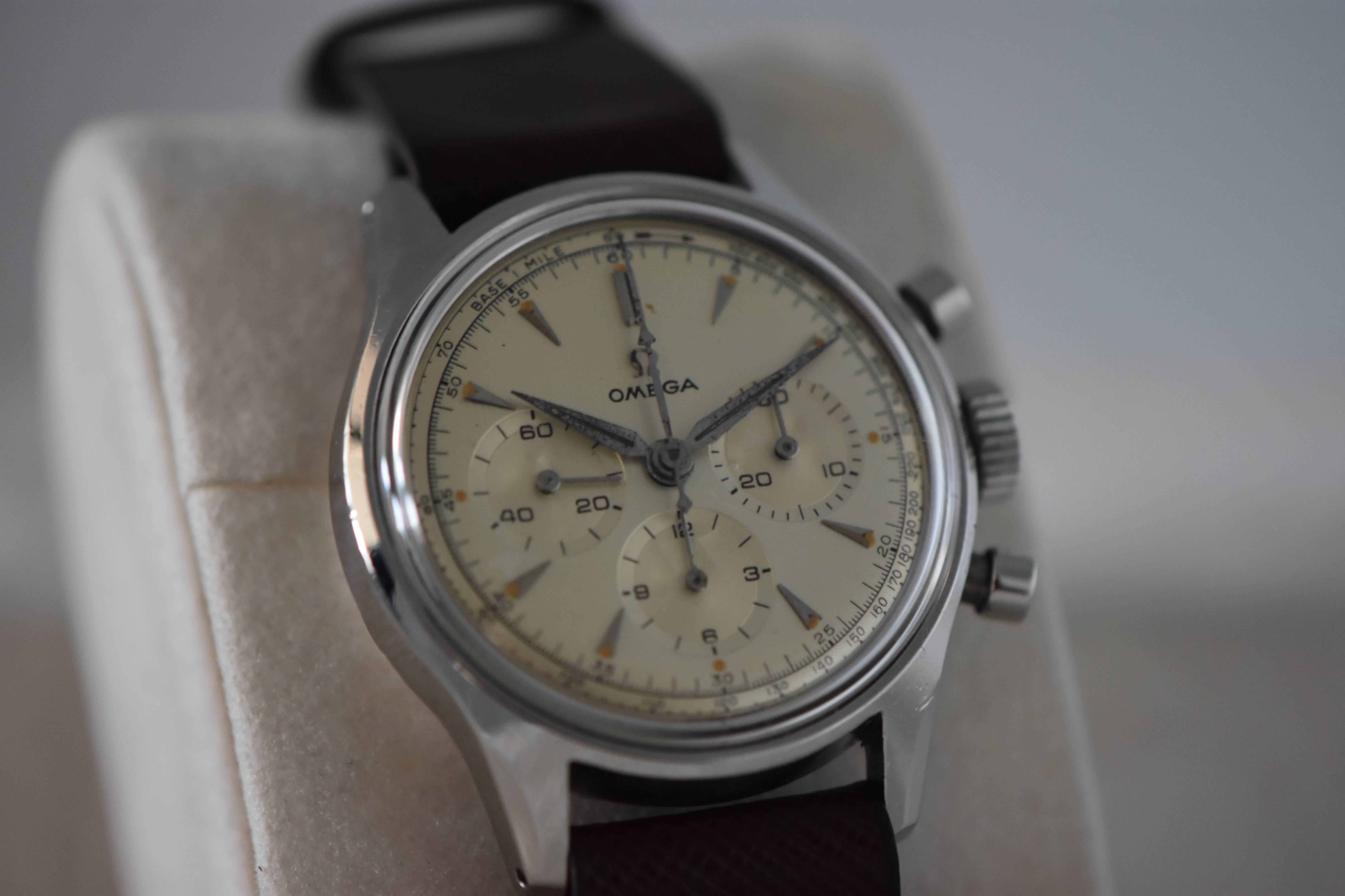  Omega caliber 321 chronograph 1950's Wristwatch In Excellent Condition In New York, NY