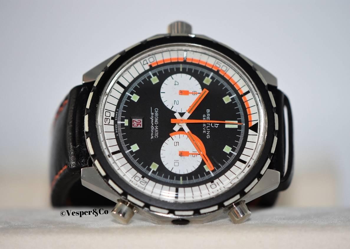 Rare vintage Ref. 2105 Breitling Chrono-Matic Superocean

Model: Chrono-Matic Superocean

Ref: 2105

Circa: 1970

Movement: 17j Automatic Cal. 11 movement 

Case: 48mm stainless steel with black Bakelite rotating bezel in mint