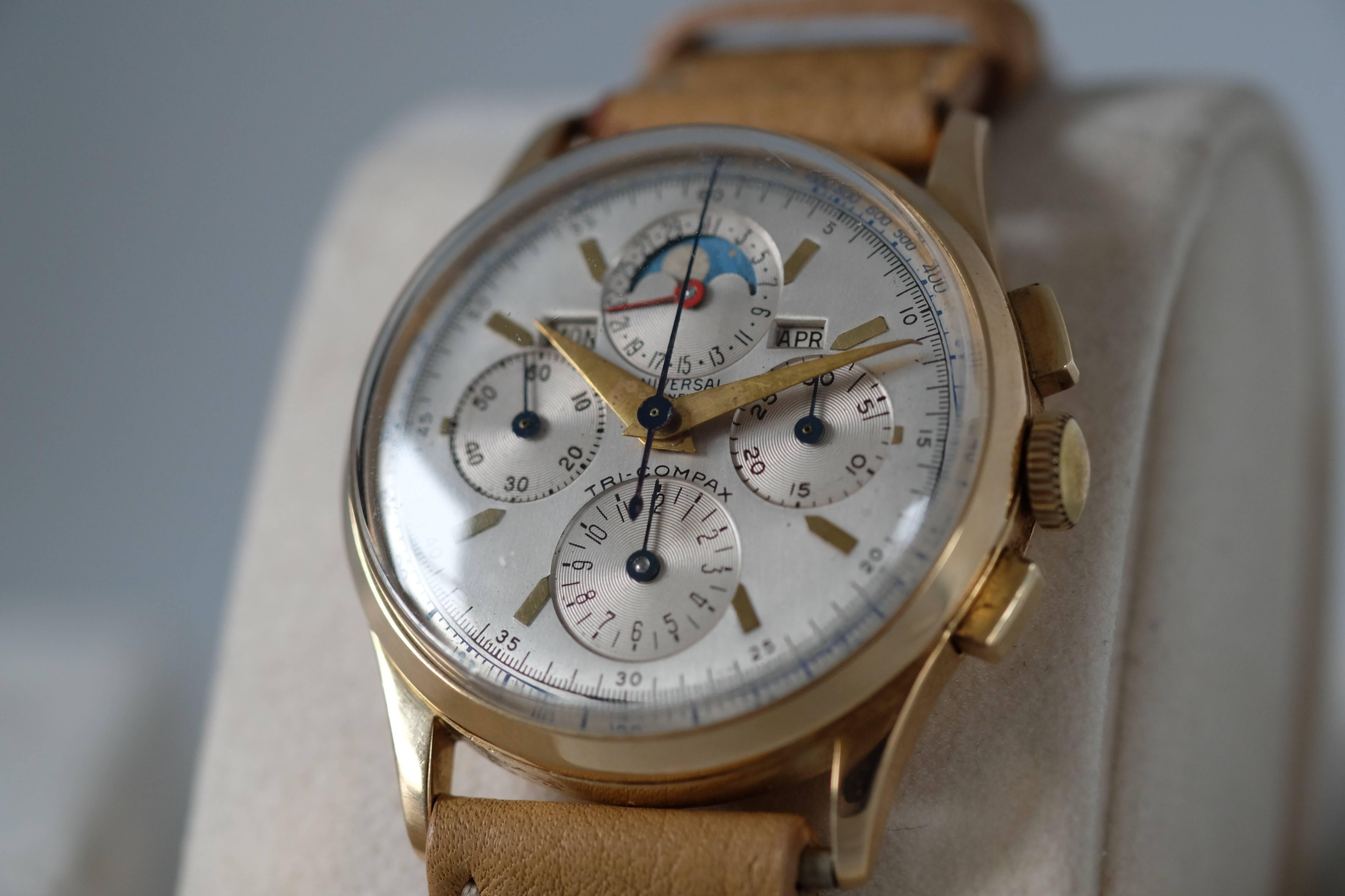 A 14k Gold Triple Calendar Chronograph from Universal Geneve

Model: Tri-Compax

Circa: 1950s

Movement: Cal. 481 gold-plated 17j manual-wind movement

Case: 36mm; 14k yellow gold with rectangular chronograph pushers at 2 and 4 o'clock;