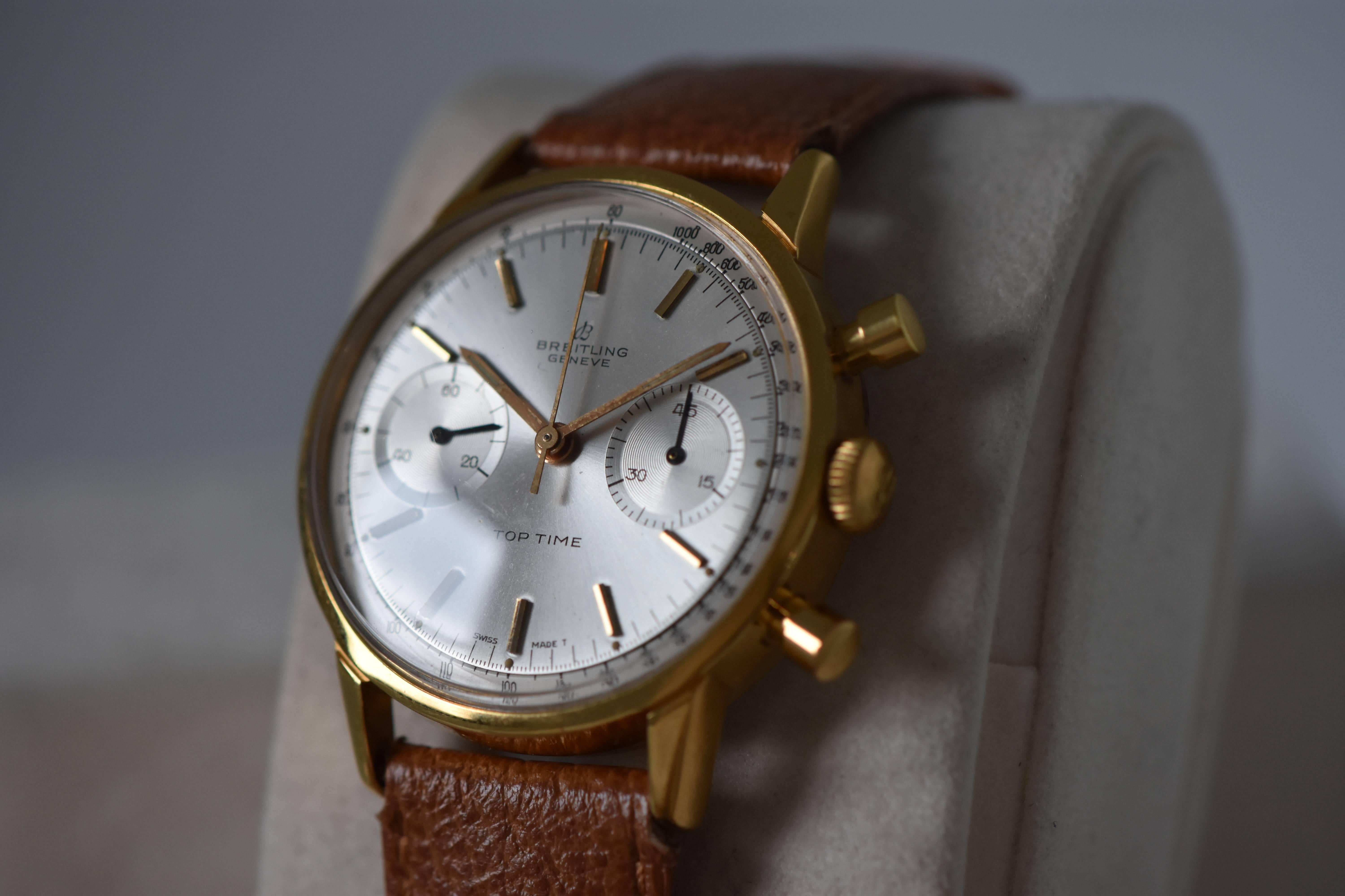 A Gold-Filled Chronograph from Breitling

Model: Top Time

Circa: 1965

Reference: 2000

Movement: Cal. 188 manual-wind Venus chronograph movement

Case: 36mm; gold-plated with stainless steel case back; chronograph pushers at 2 and 5