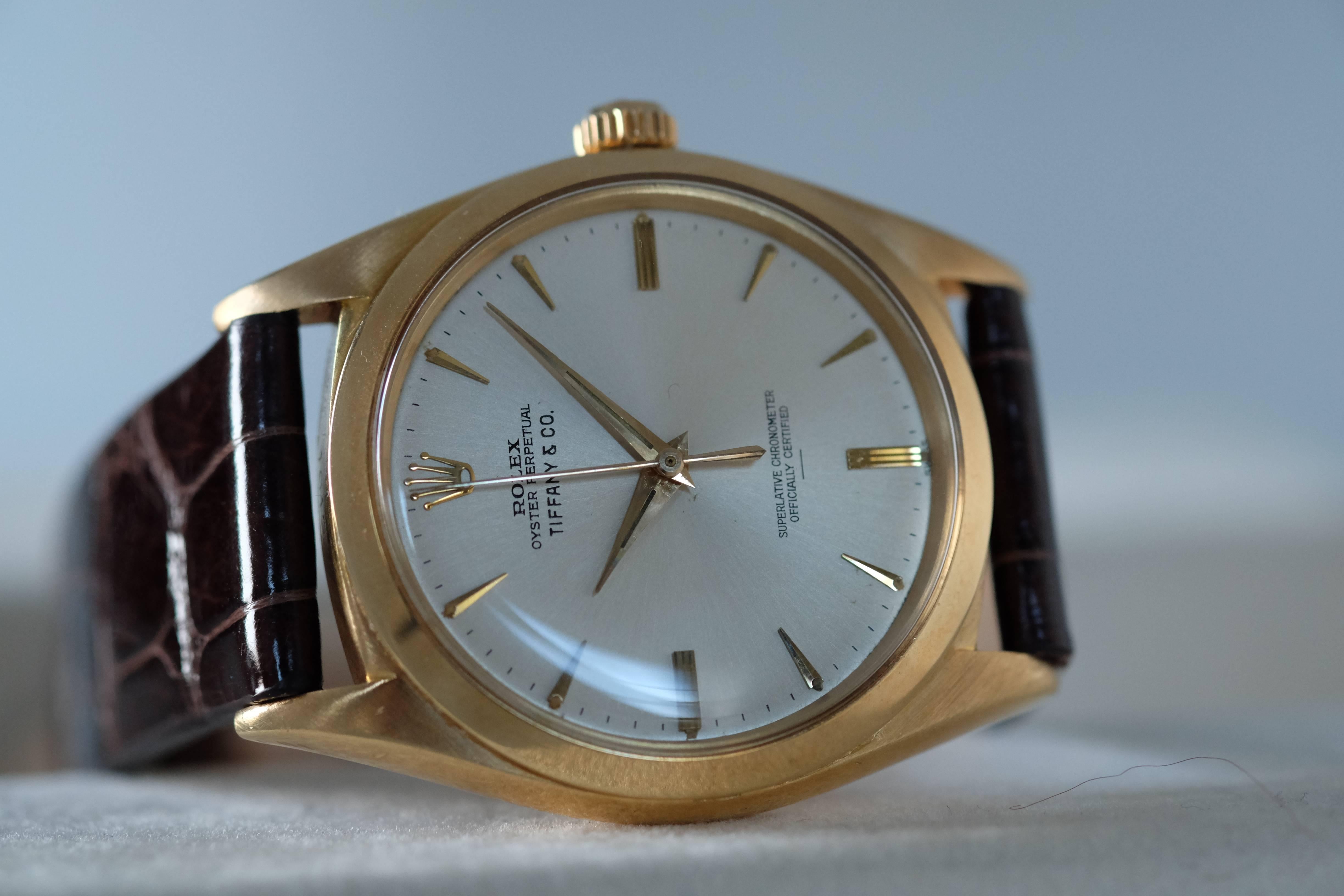 Rolex for Tiffany & Co. Yellow Gold Oyster Perpetual Wristwatch In Excellent Condition In New York, NY