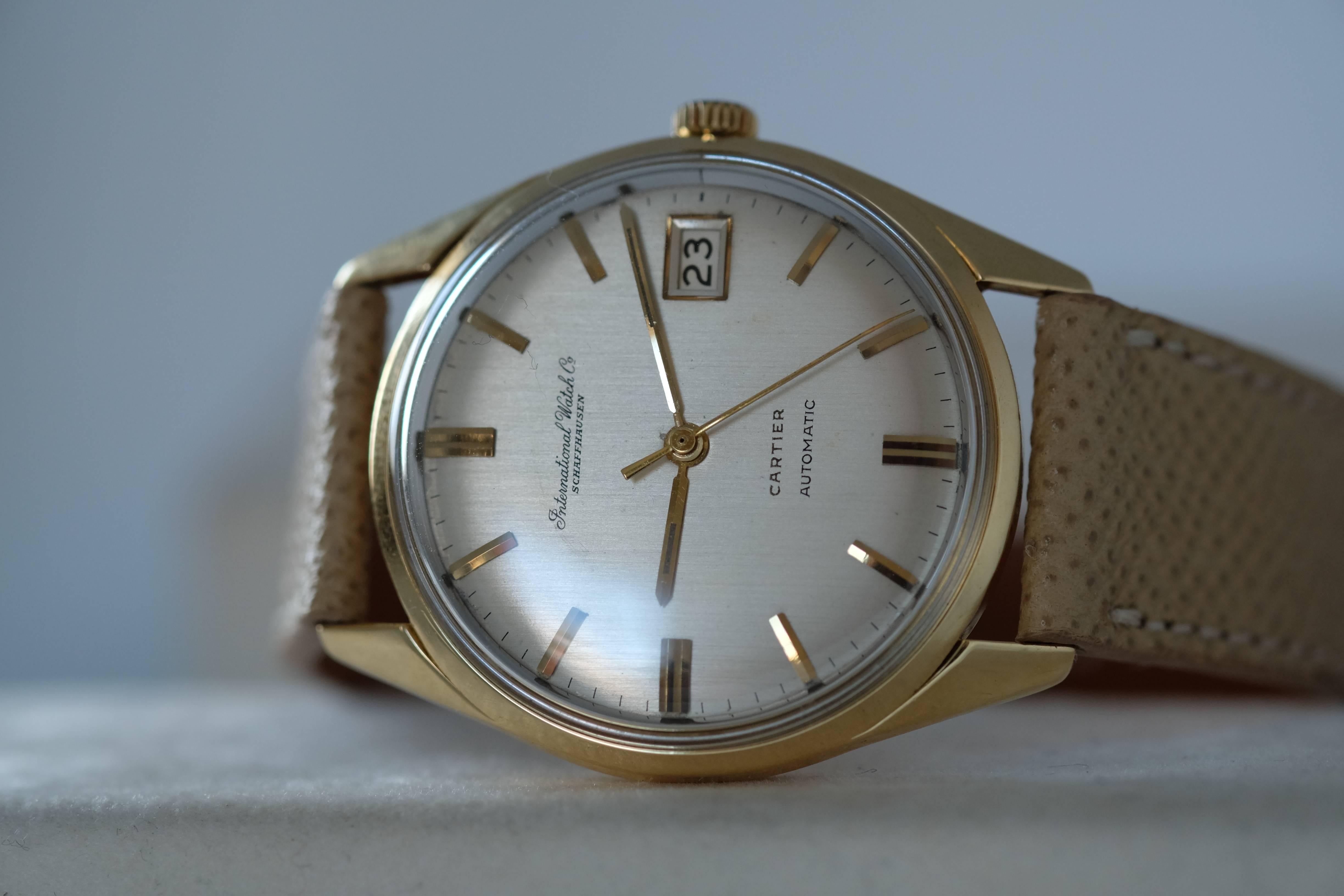 International Watch Company, 18kt yellow Gold automatic for Cartier London

Circa: 1960's

Movement: Calibre 8541 from International Watch company,   movement  has center second with date, and fitted  with Pellaton winding mechanism

Case: 