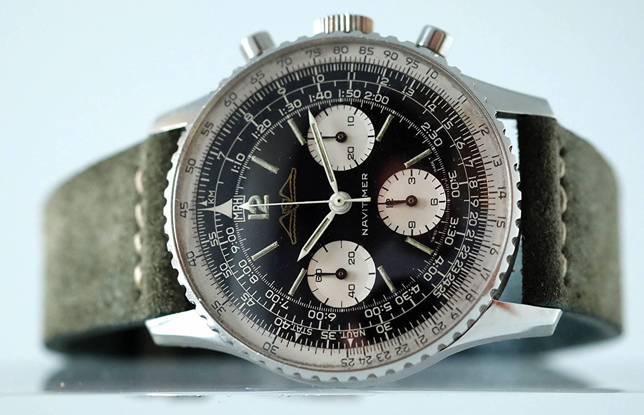 A Breitling Navitimer with AOPA logo

Reference: 806

Circa: 1965

Movement: Venus Cal. 178 manual-wind movement

Case: Stainless steel 42mm; snap-on case back; push-down crown; and chronograph pushers at 2 and 4 o'clock

Dial: Black dial