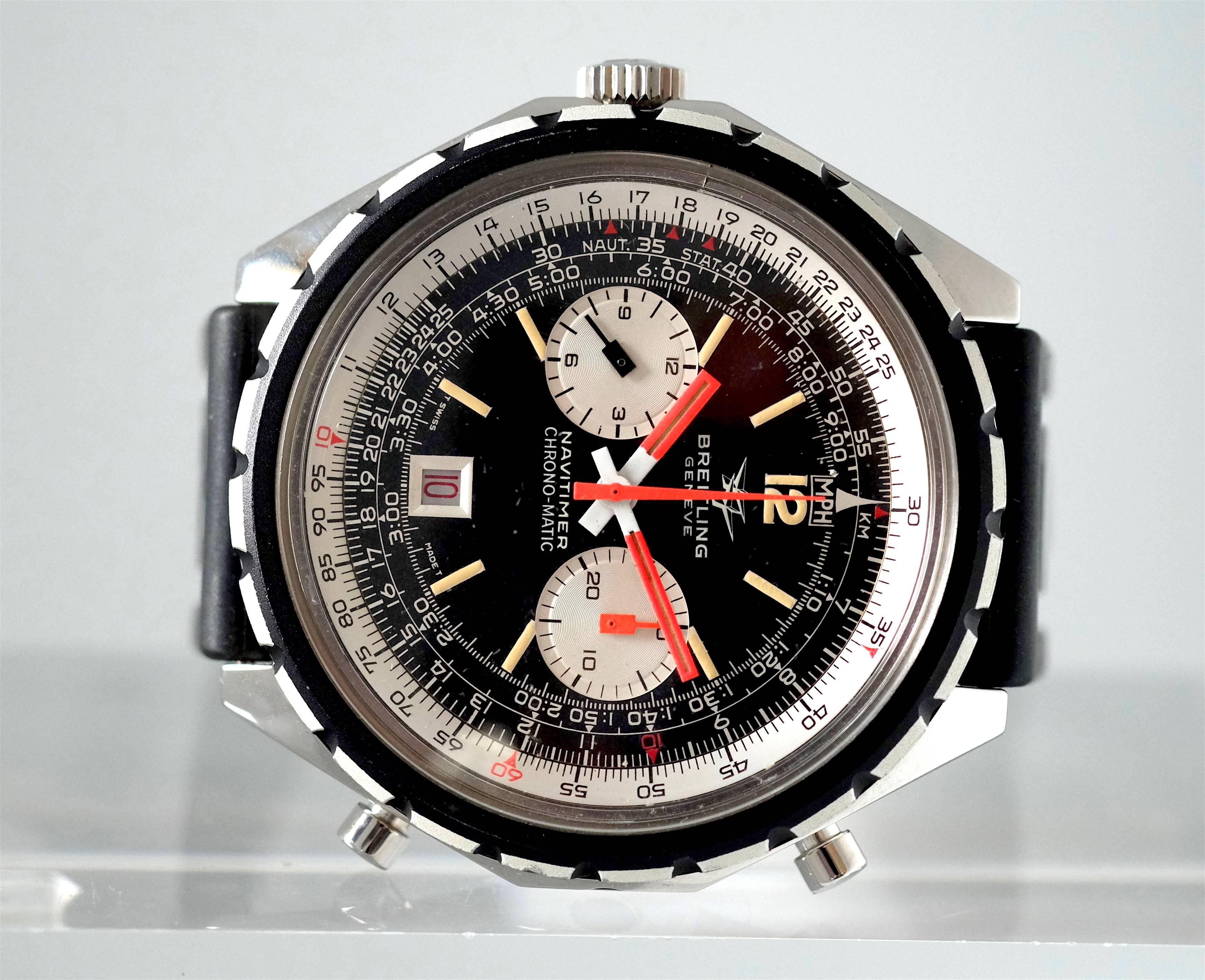 An automatic Chronograph from Breitling in Stainless steel ref 1806

Circa:1970's

Case: Three-body, polished, nudged black bezel, screwed-down case back, lapidated lugs;  chronograph pushers at 2 and 4 o'clock. Case is in excellent condition