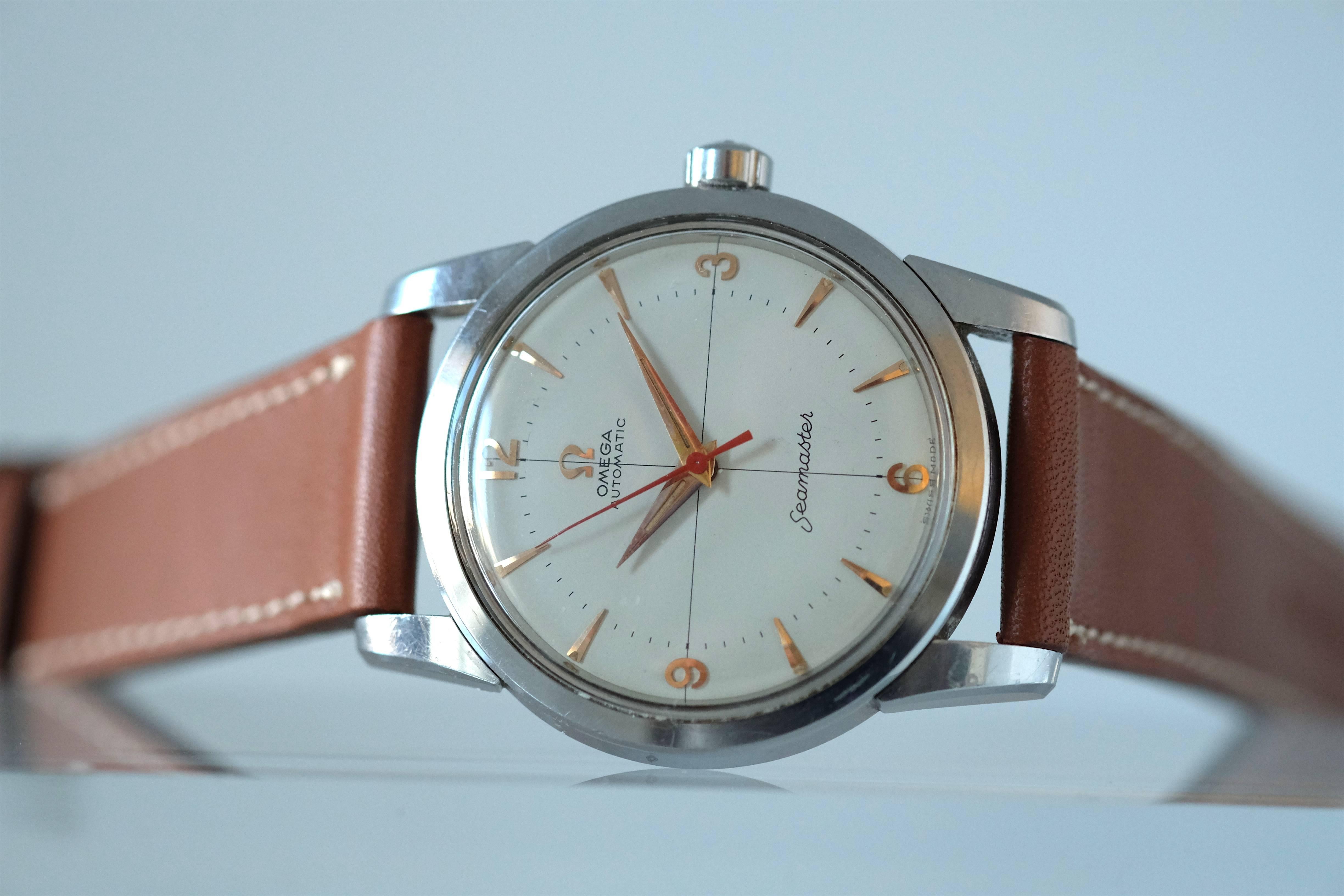 Omega Seamster Automatic, stainless steel with original crosshair dial

Ref. 2848/2846 SC

Case:  Three-body, solid, polished and brushed, straight lugs, snap on case back with Seamaster signature. Signed crown. Case is in near mint