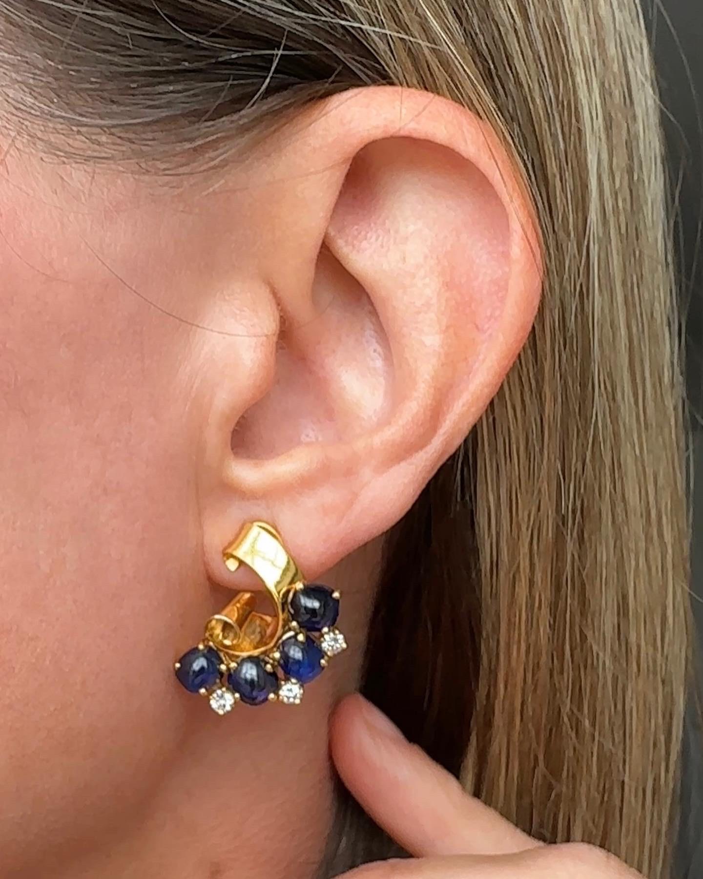 Cabochon Retro Raymond Yard Sapphire and Diamond Clip Earrings For Sale