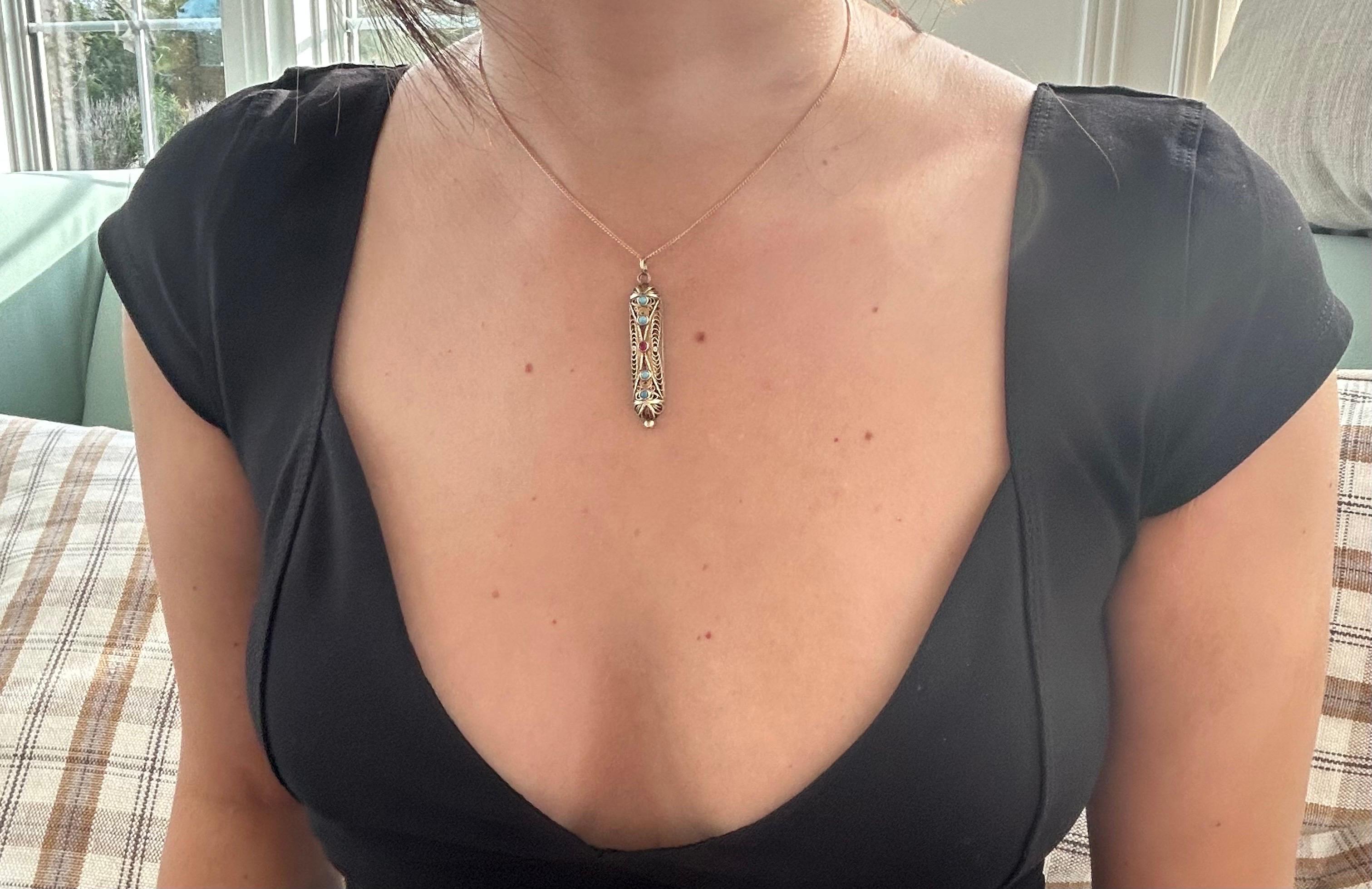 Filigraner viktorianischer Türkis- und Rubin-Anhänger 14k Damen
