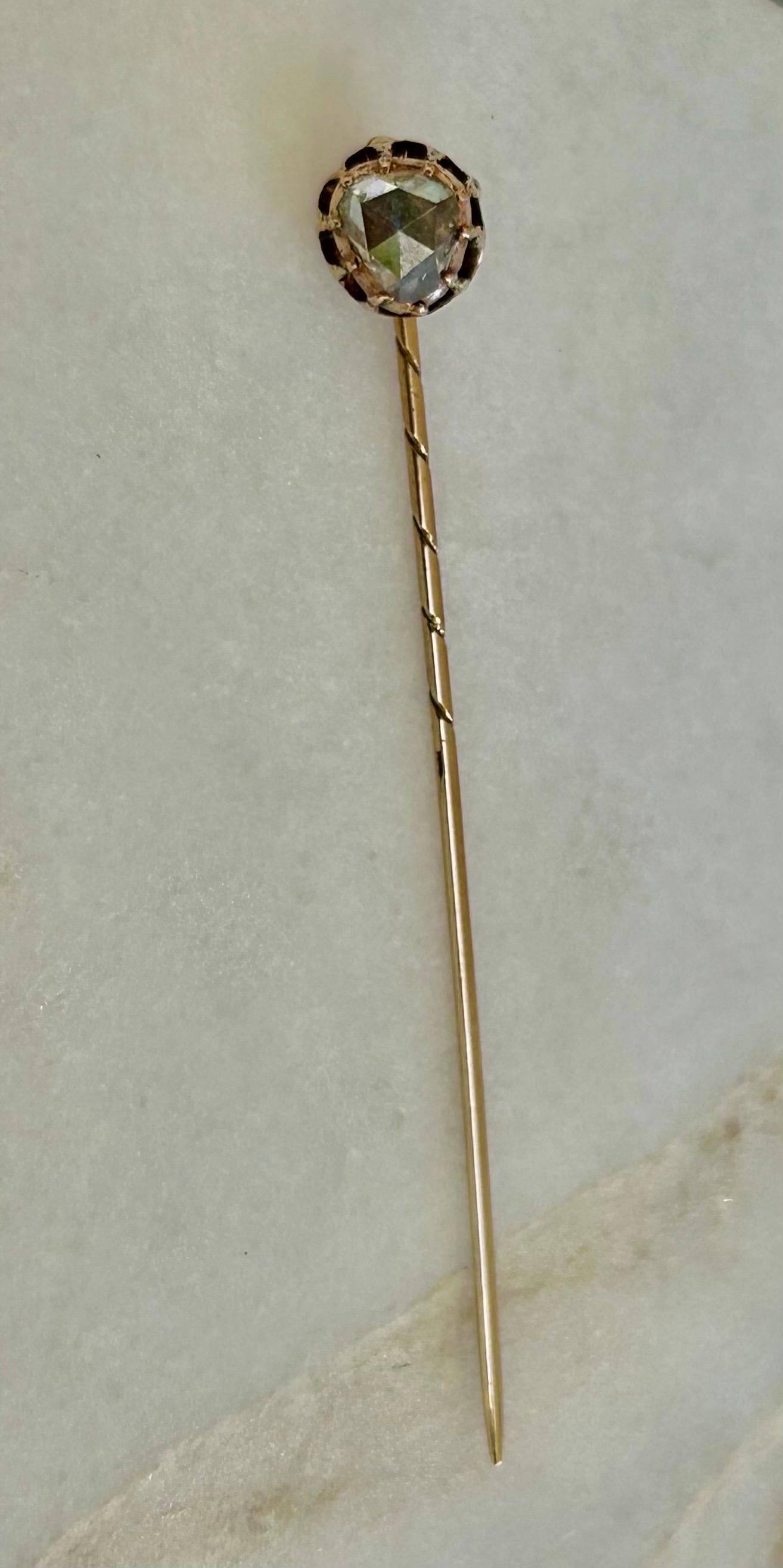 Antique Victorian Pear Rose Cut Diamond Stick Pin 10k Gold For Sale 3