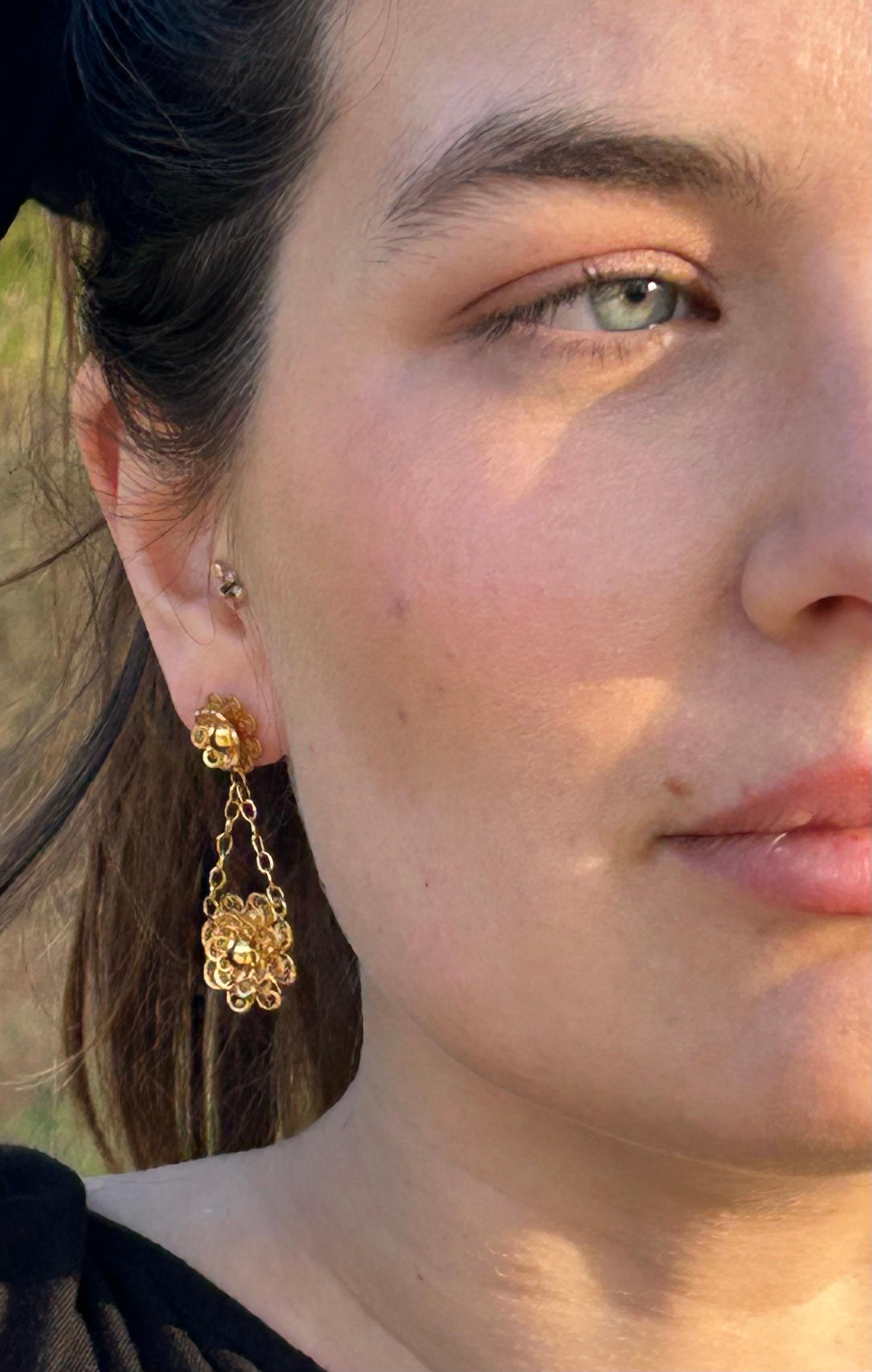 Antique Victorian Etruscan Revival Filigree 14k Gold Dangle Earrings  9