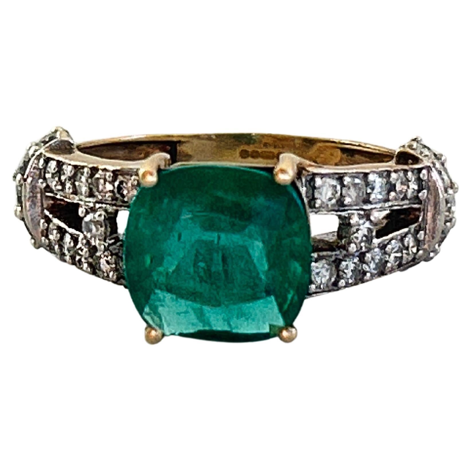 2.5 Carat Cushion Cut Columbian Emerald and .5ctw Diamond Ring For Sale