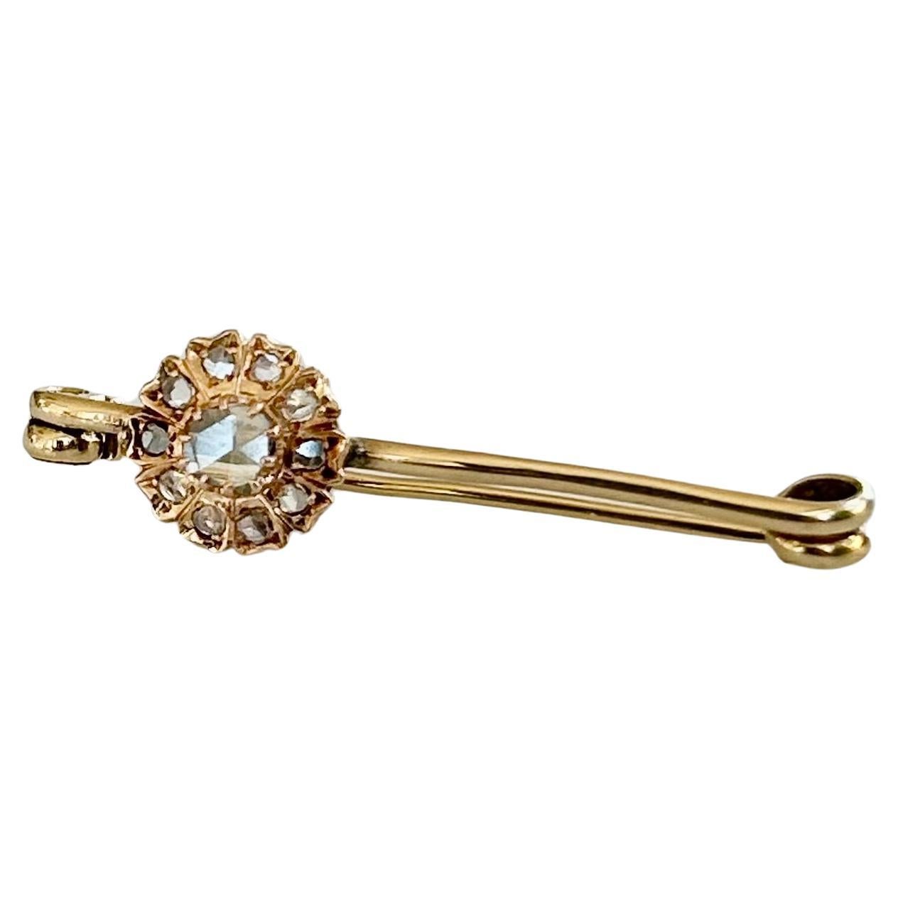 Antique Victorian Rose Cut Diamond Flower Brooch 18K Yellow Gold For Sale