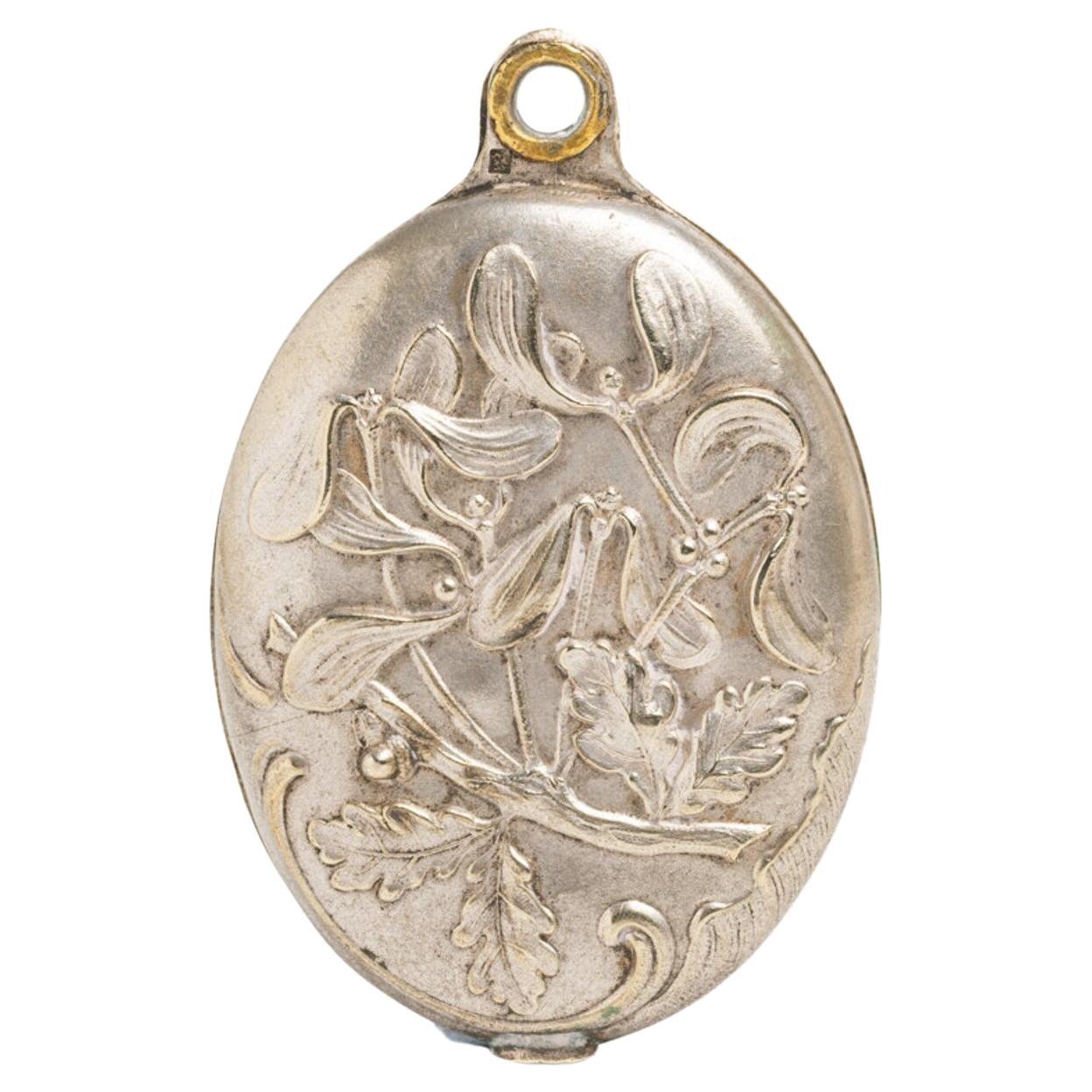 Art Nouveau French Mistletoe Silver Mirror Pendant For Sale