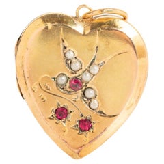 Antique  Victorian 9ct Front and Back Gold Heart Locket With Pearls and Rubies