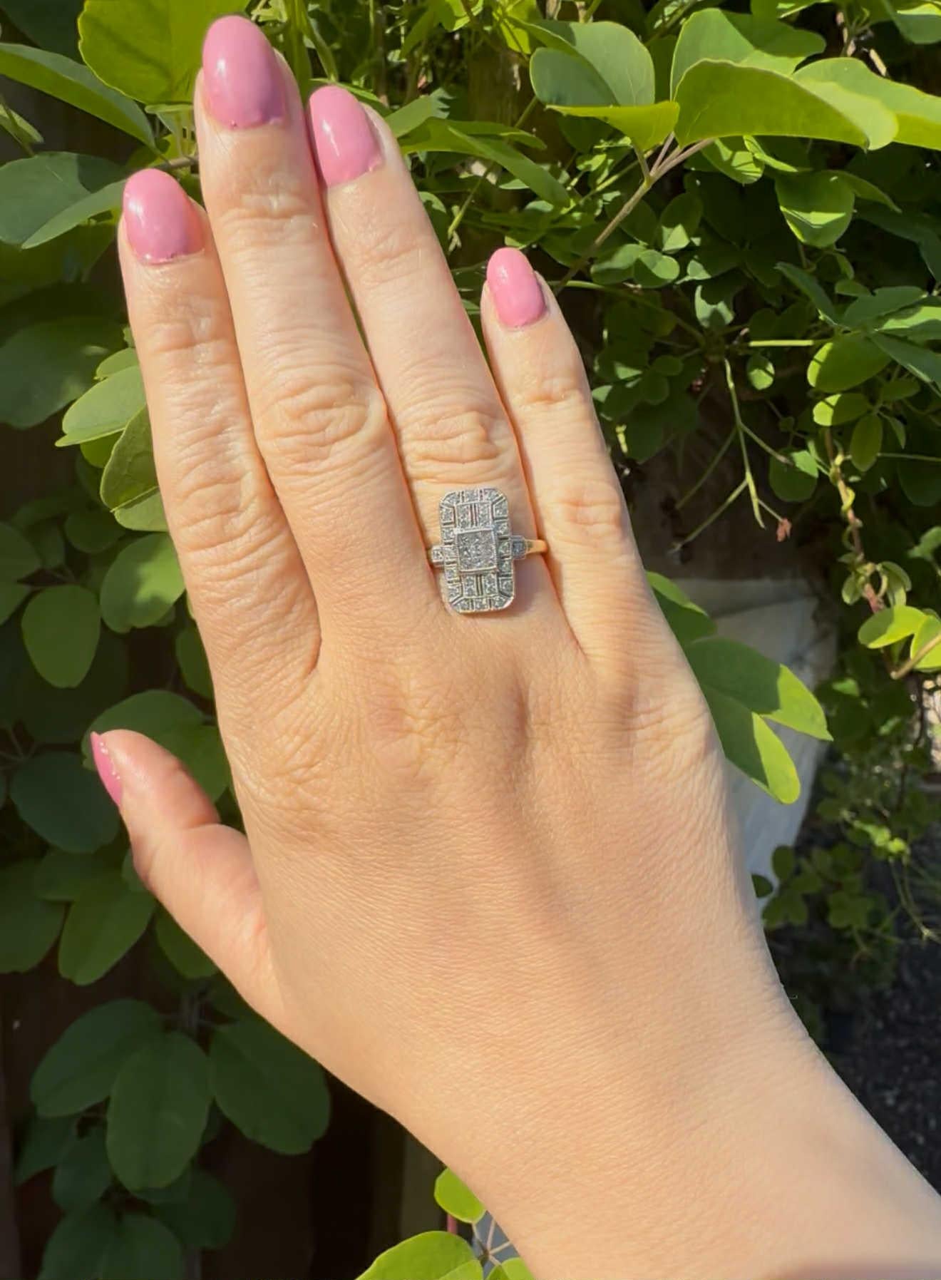 Anello con placca di diamanti in oro 18 ct in stile Art Deco vintage in vendita 8