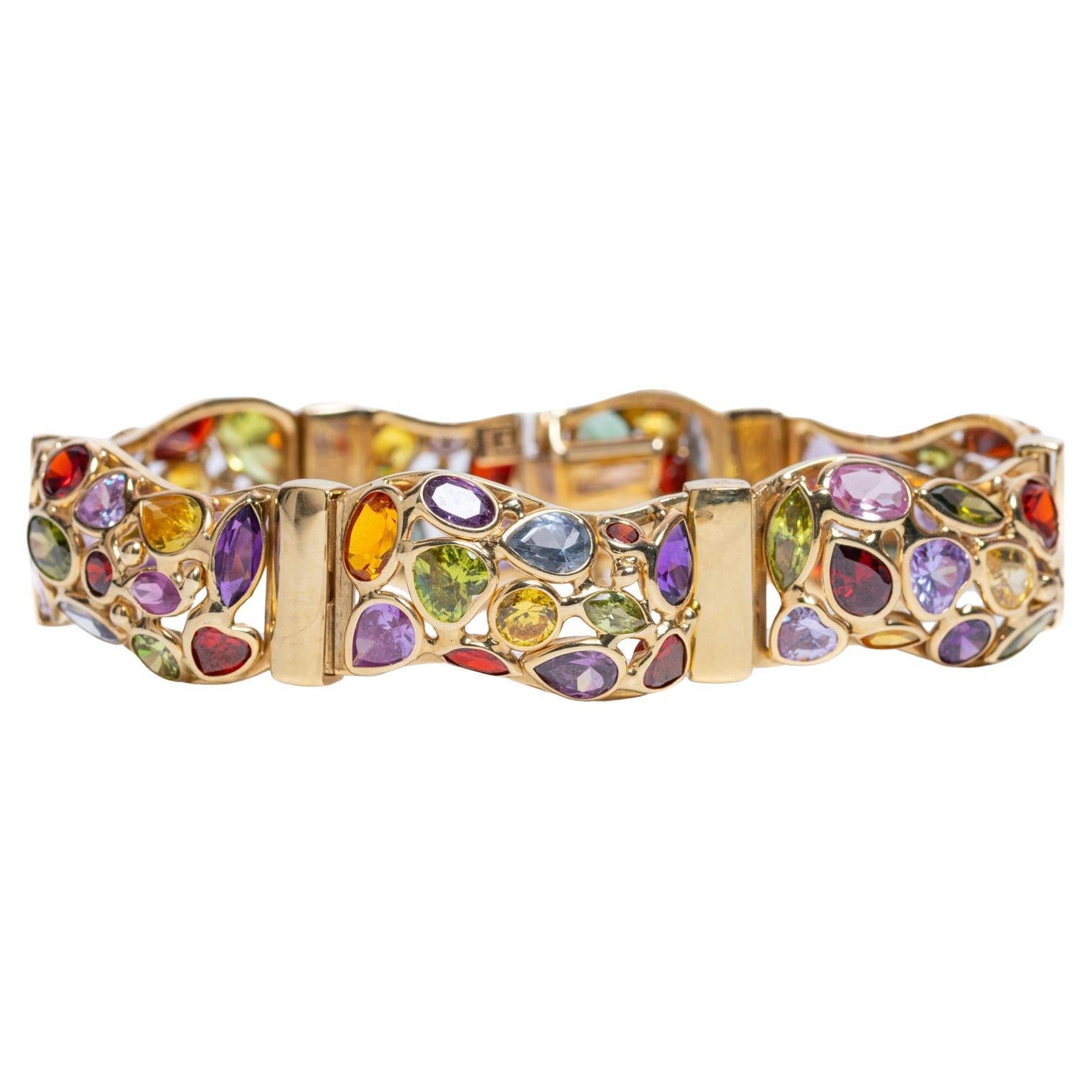 Pulsera vintage italiana de oro amarillo de 14 quilates con piedras preciosas naturales, c. 1990