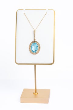 Large Vintage 9ct Gold Blue Topaz Oval Pendant Necklace