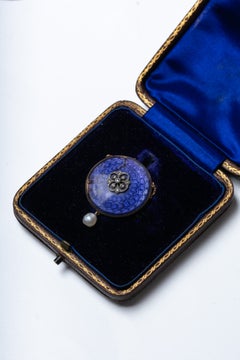 Antique Edwardian 18ct Gold Purple Guilloché Enamel Diamond Pendant Necklace