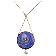 Antique Edwardian 18ct Gold Purple Guilloché Enamel Diamond Pendant Necklace