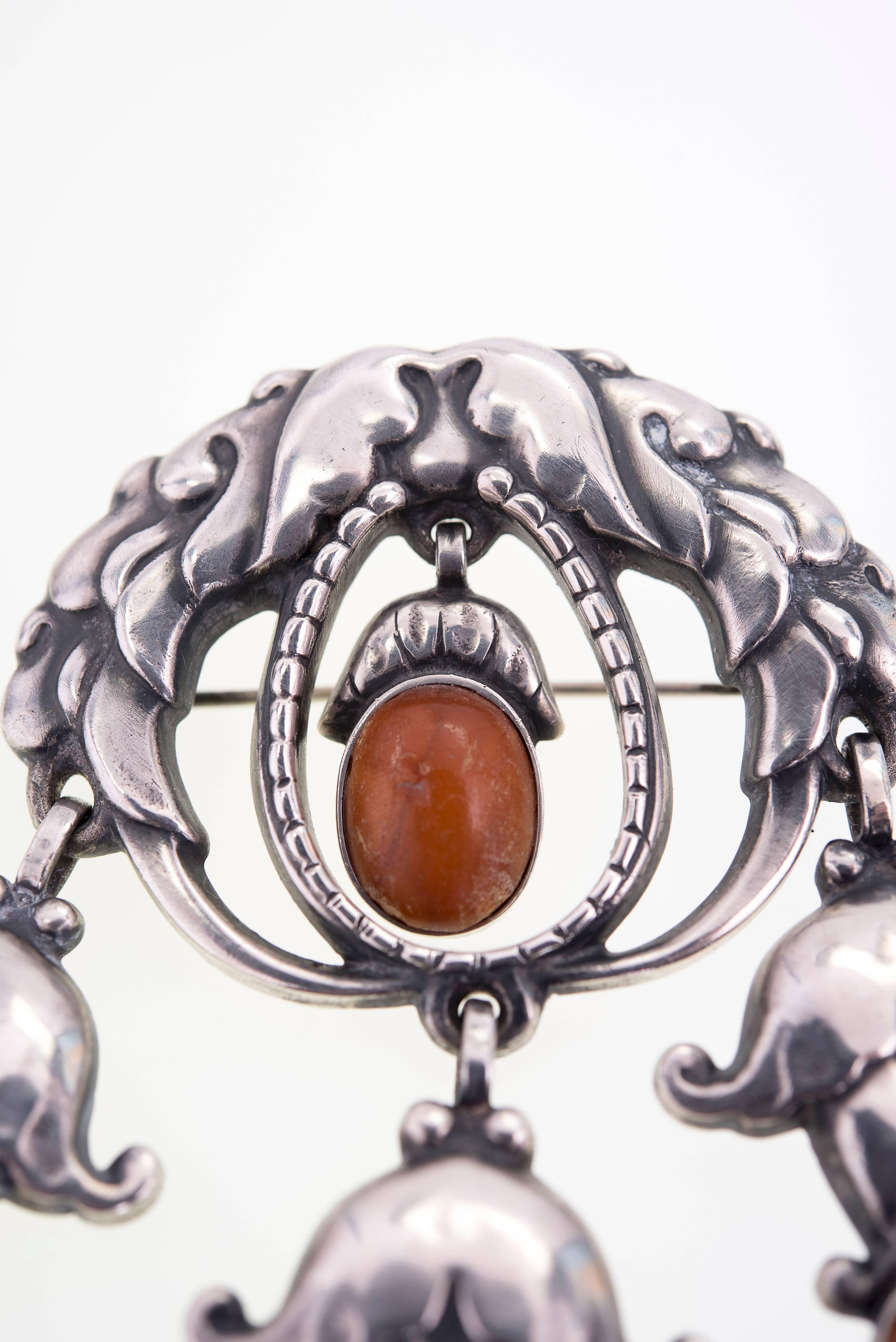 Art Nouveau Georg Jensen Rare Amber and Silver Brooch #95 For Sale