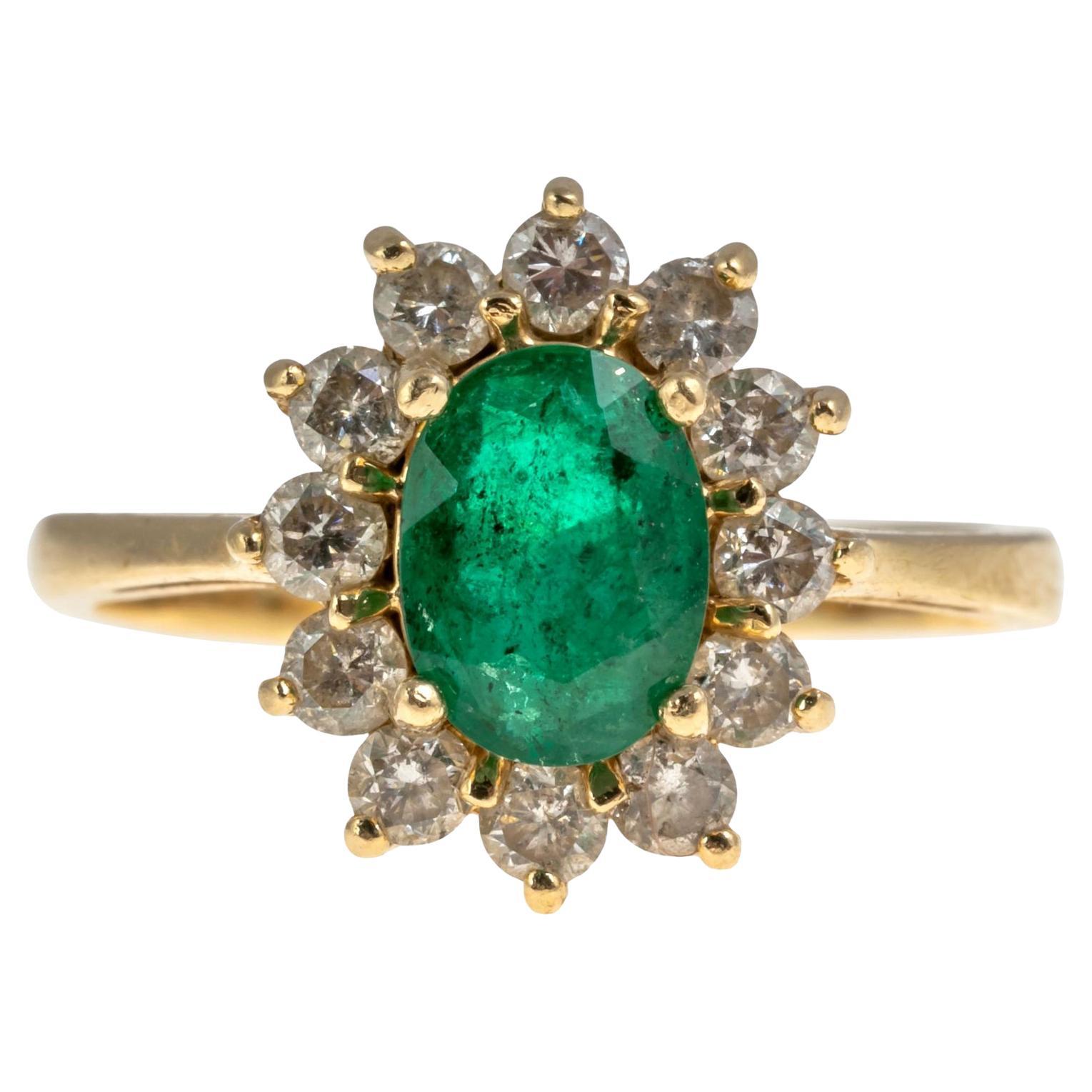 Vintage 14K Gold Emerald and Diamond Cocktail Ring, Circa 1970, Size 7.25 For Sale