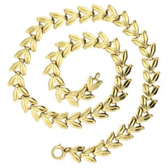 14K Yellow Gold Leaf Design Choker Necklace, 16 Inch, 29.2g, Modern