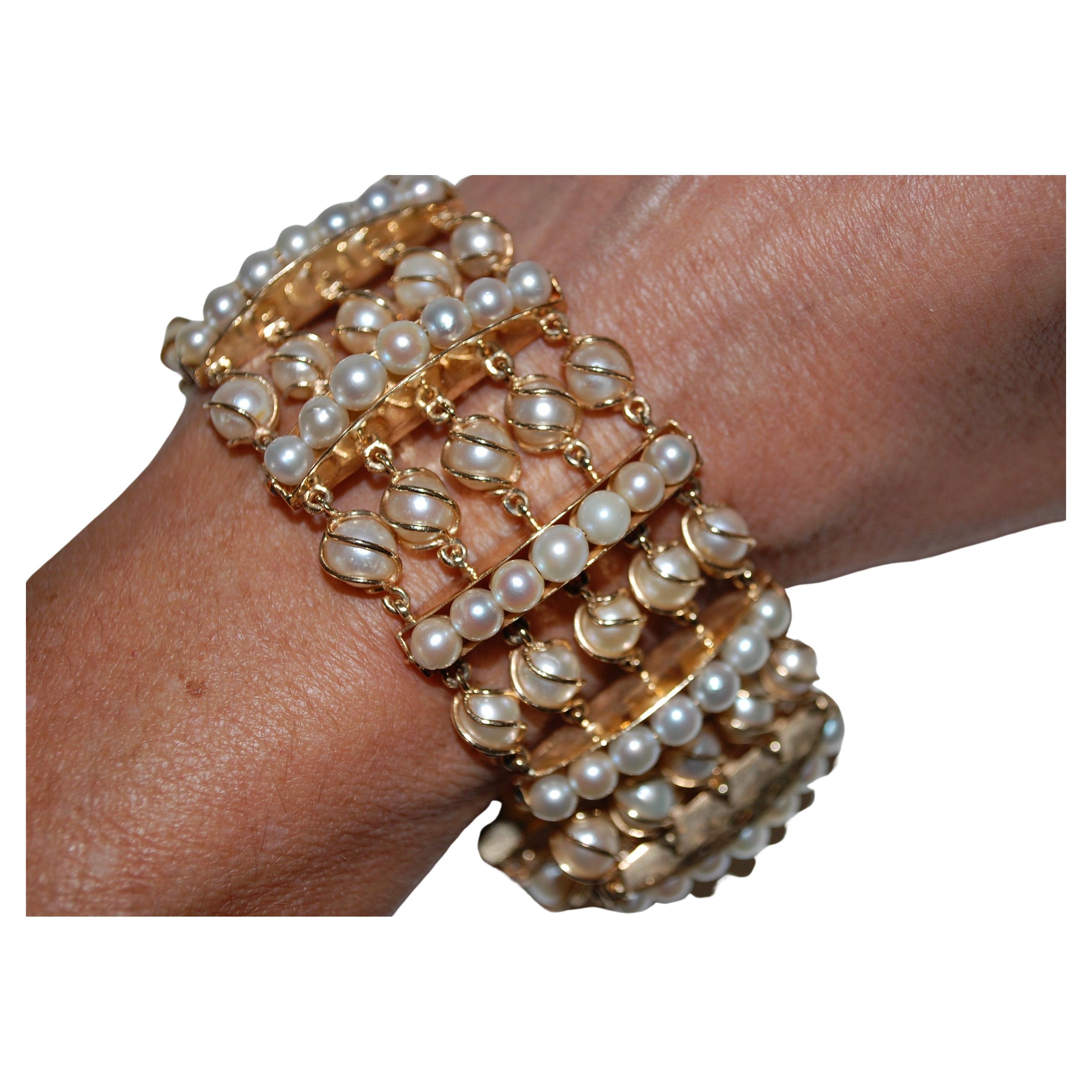  Pearl 14k Gold Multi Strand Bracelet  For Sale