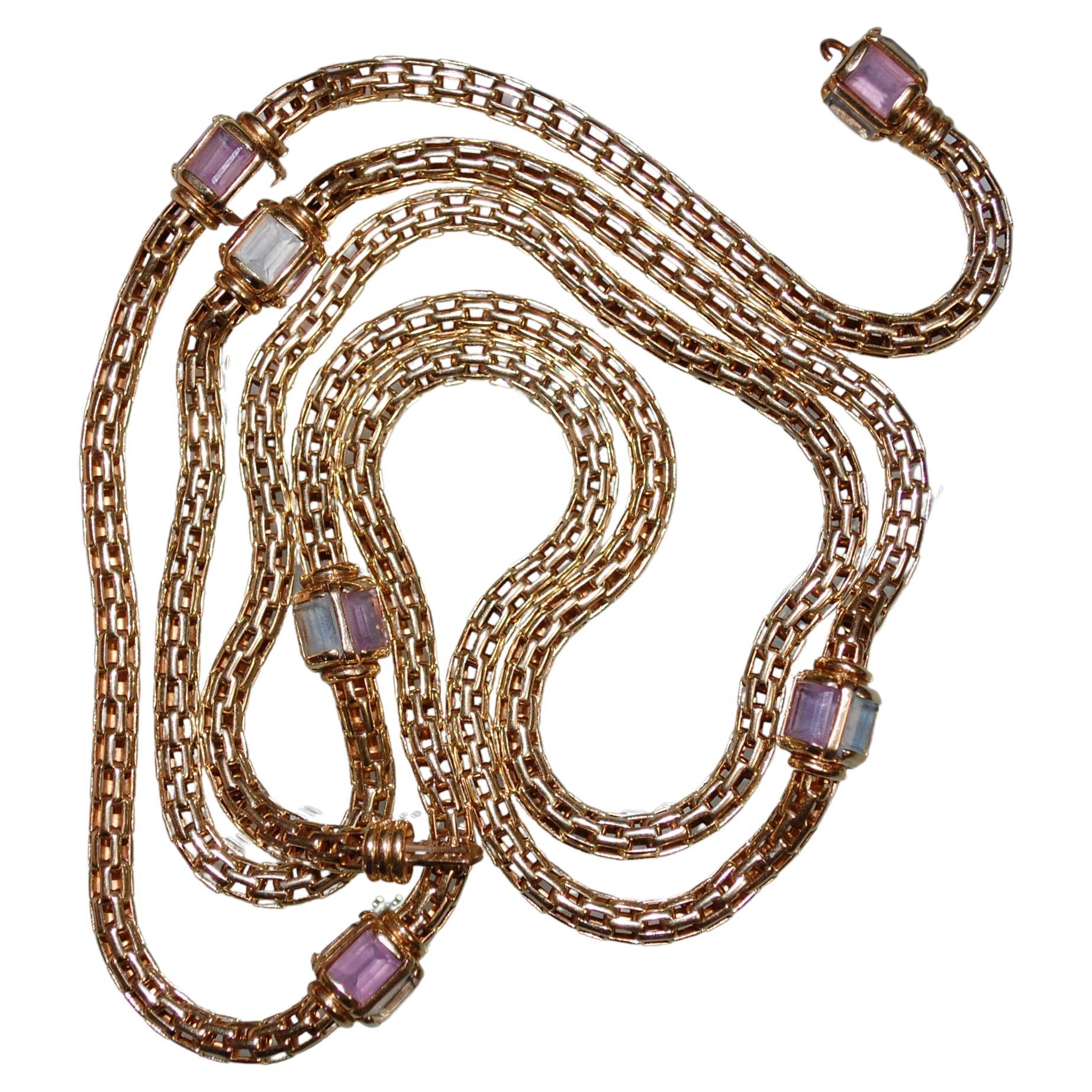 14k Gold Mesh Necklace with Aquamarine and Amethyst For Sale