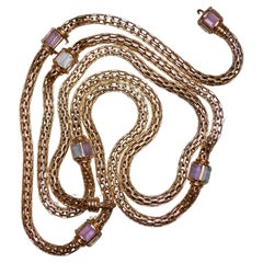 Retro 14k Gold Mesh Necklace with Aquamarine and Amethyst