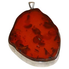 Vintage Large Baltic Amber Pendent In Sterling Silver