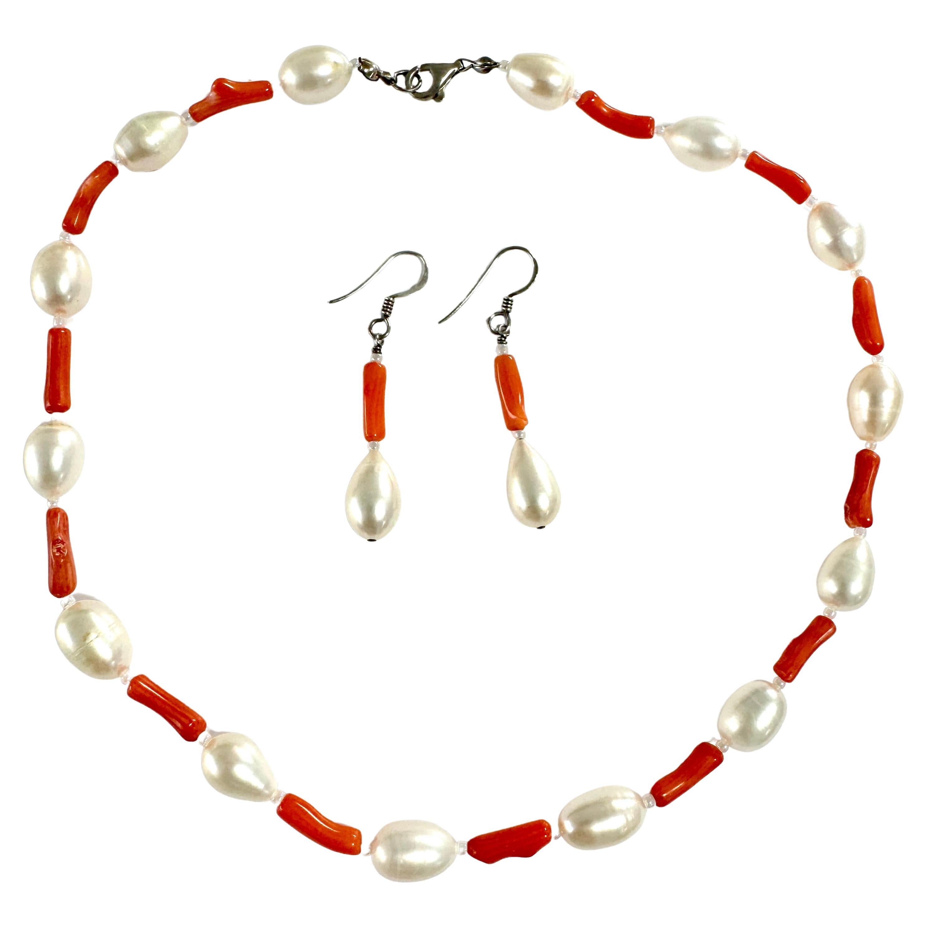 Freshwater Oval White Pearl Coral Necklace Earrings Set