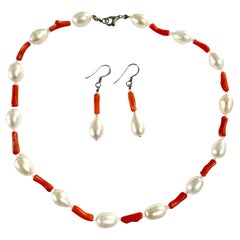 Freshwater Oval White Pearl Coral Necklace Earrings Set