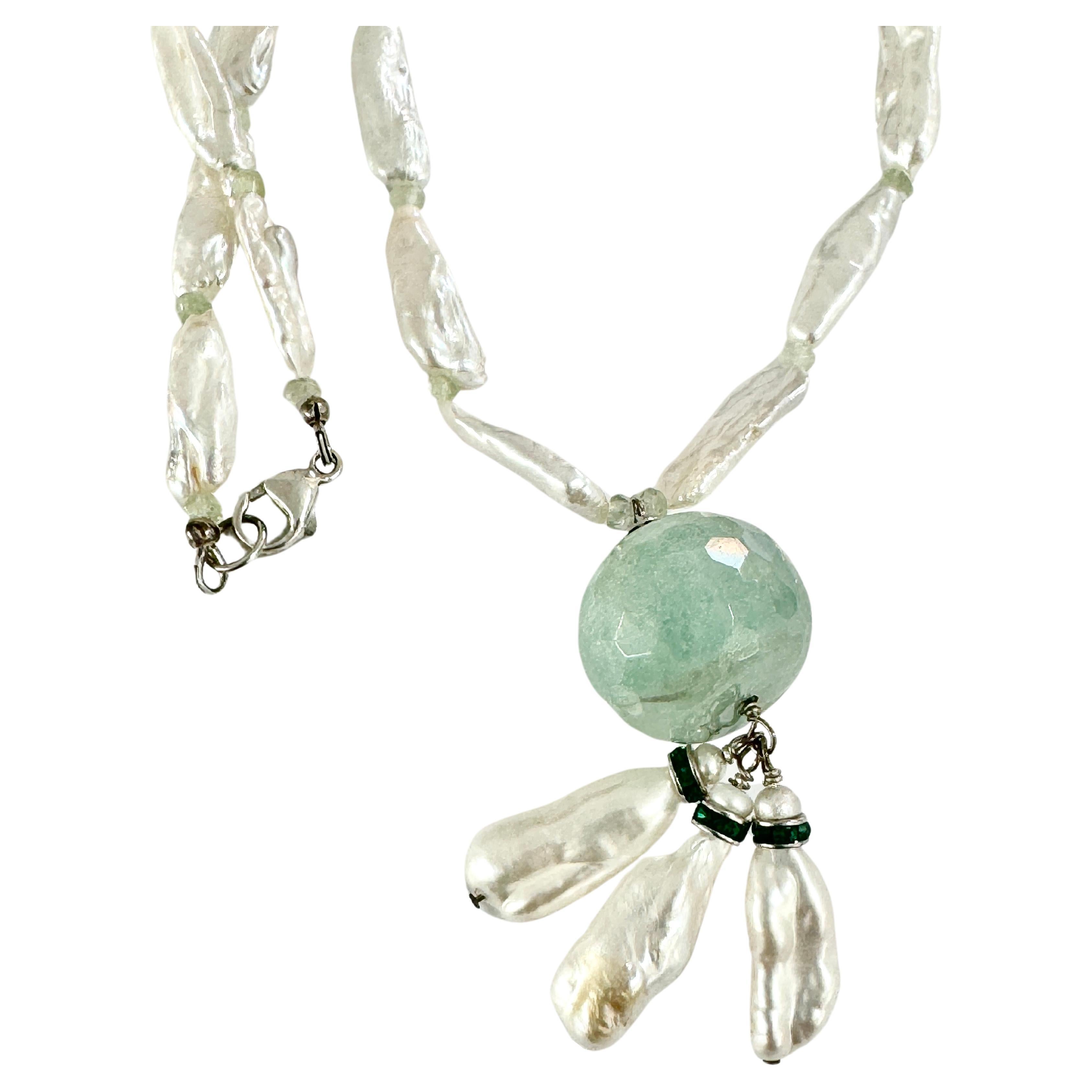 Freshwater White Baroque Pearl Aquamarine Pendant Necklace For Sale