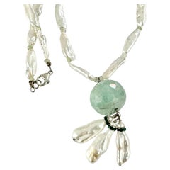 Freshwater White Baroque Pearl Aquamarine Pendant Necklace