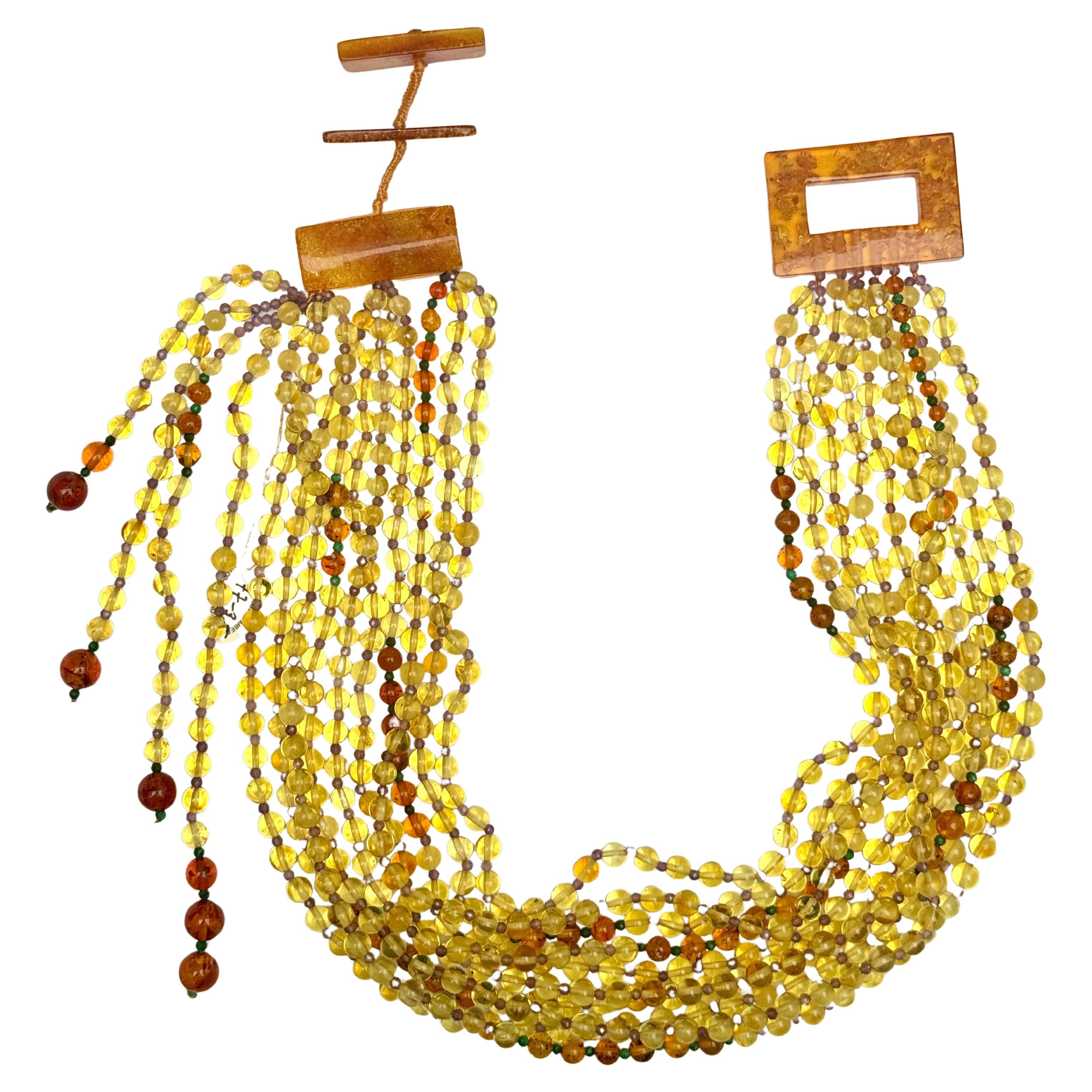 Multi Strand Natural Amber Amethyst Malachite Necklace For Sale