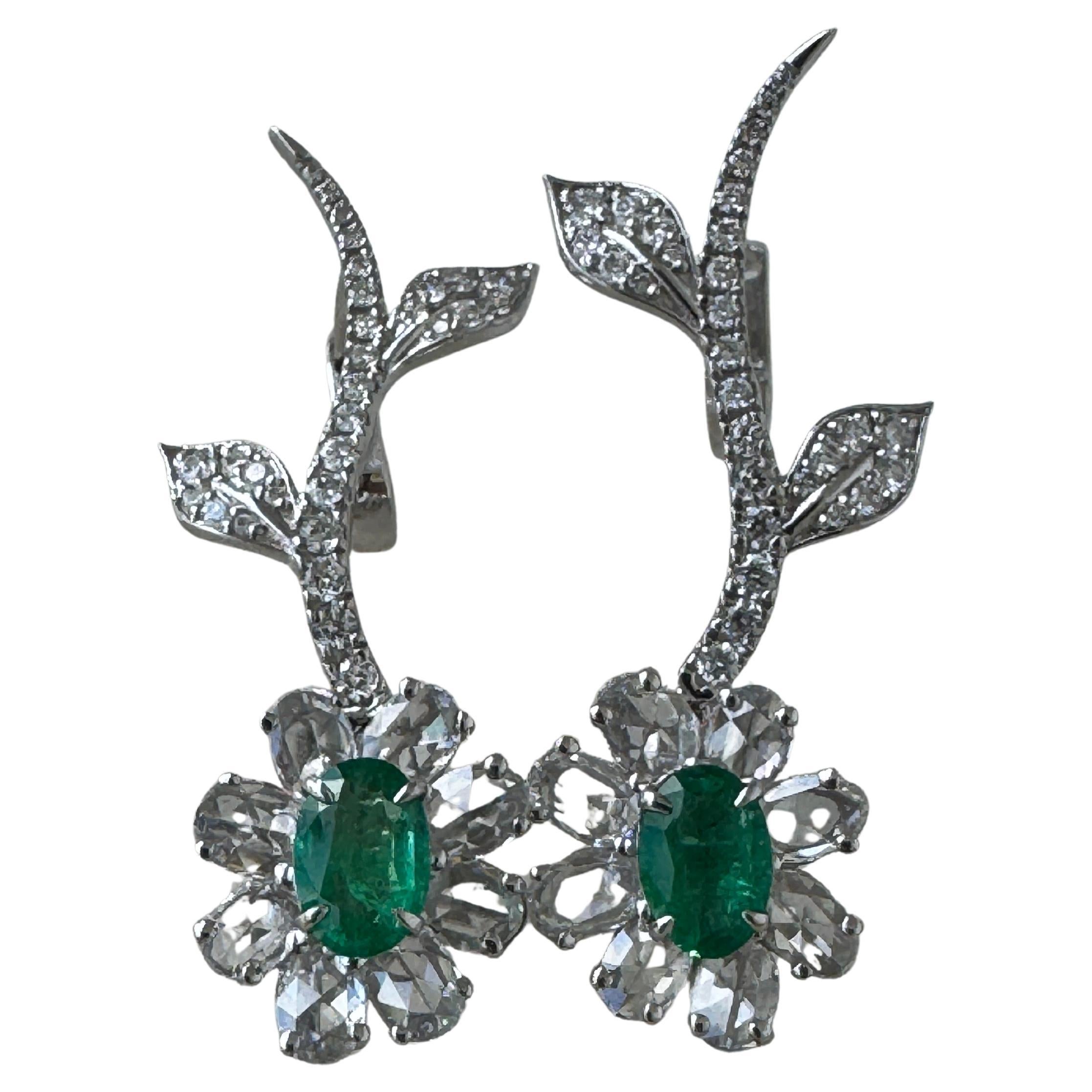 18K White Gold Emerald Diamond 1.66 Carat Dongle Earrings