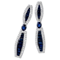 Art Deco Style 18K White Gold Blue Sapphire Diamond Drop Earrings, 4.75ct