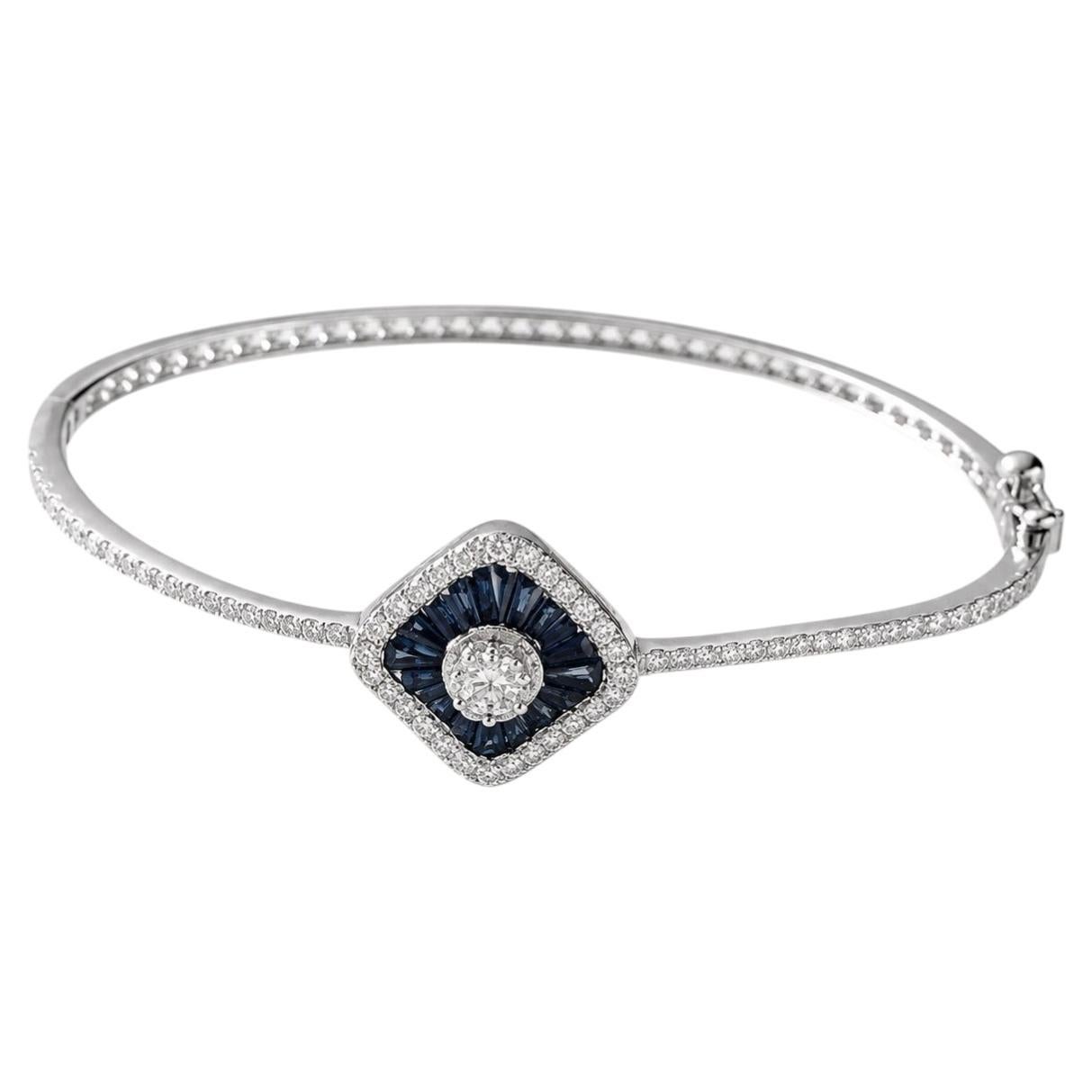 18K White Gold Blue Sapphire Diamond Bangle Bracelet