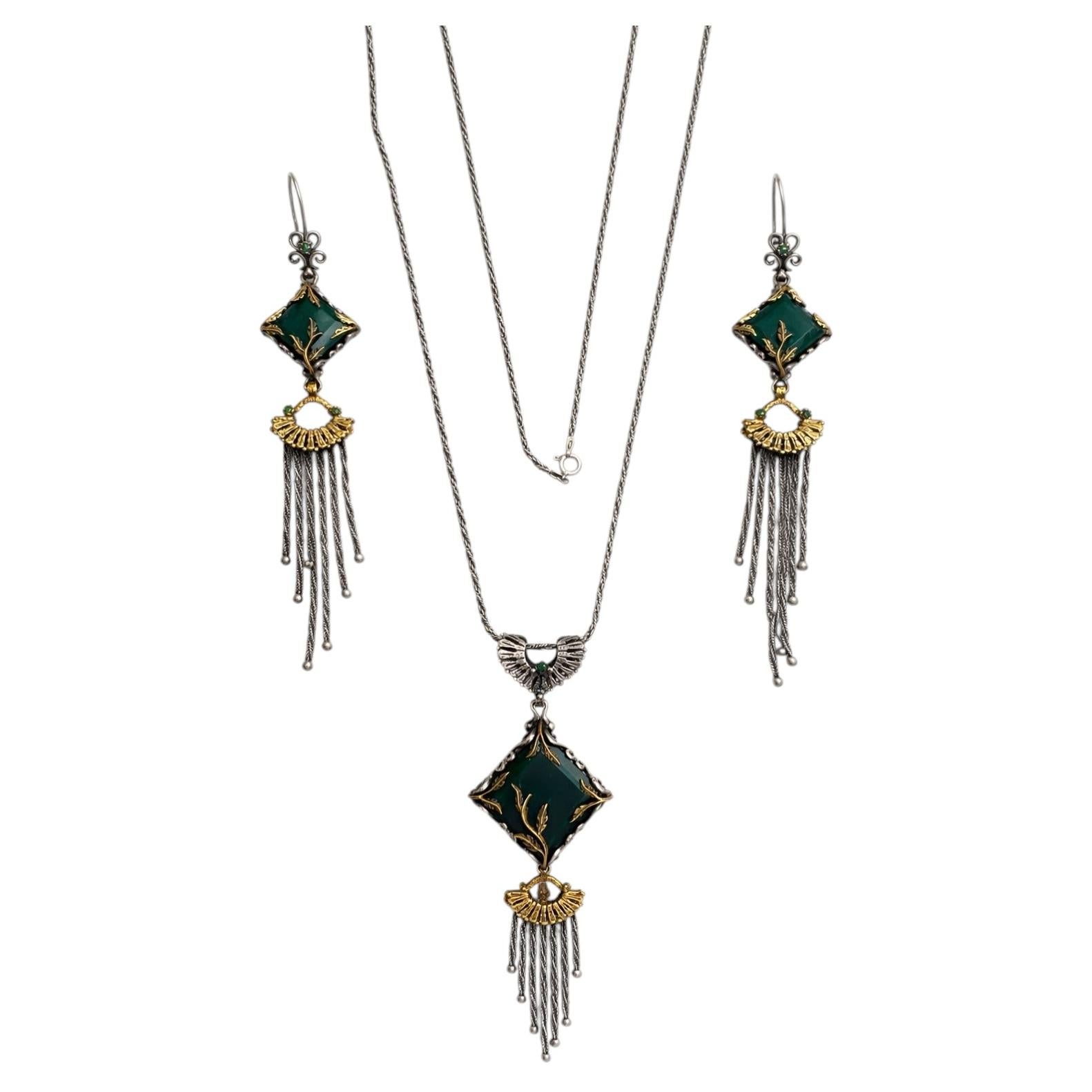 Vintage Inspired Sterling Silver Green Agate Set Necklace & Earrings For Sale
