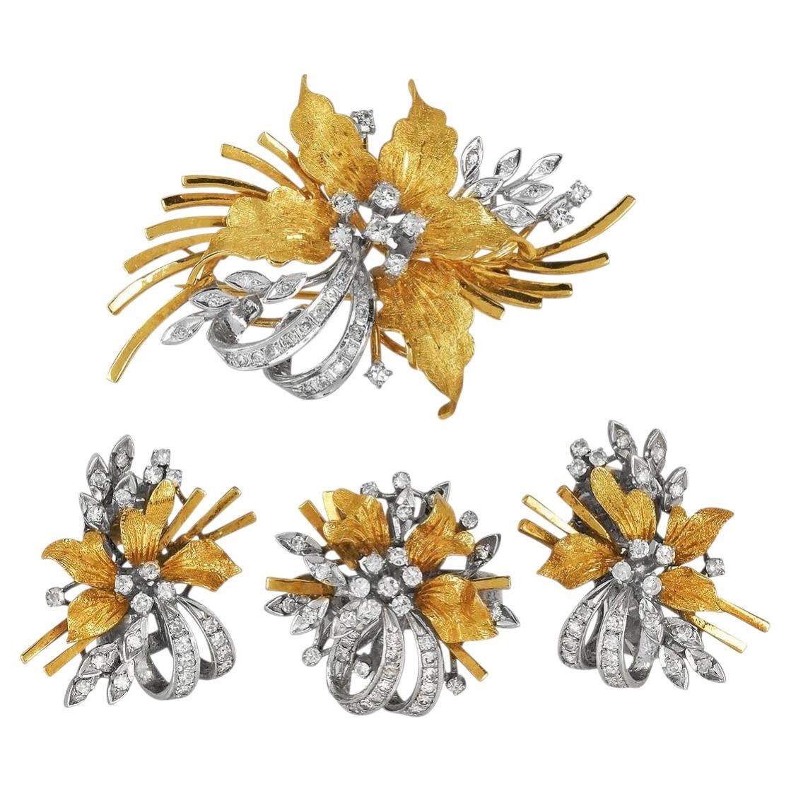 Vintage Retro 1.50cttw Diamond 18K Yellow & White Gold Set Pin, Earrings, Ring For Sale