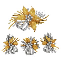 Vintage Retro 1.50cttw Diamond 18K Yellow & White Gold Set Pin, Earrings, Ring