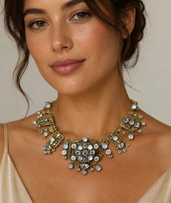 Collana a lampadario in argento con finitura dorata, con pietra di luna e acquamarina